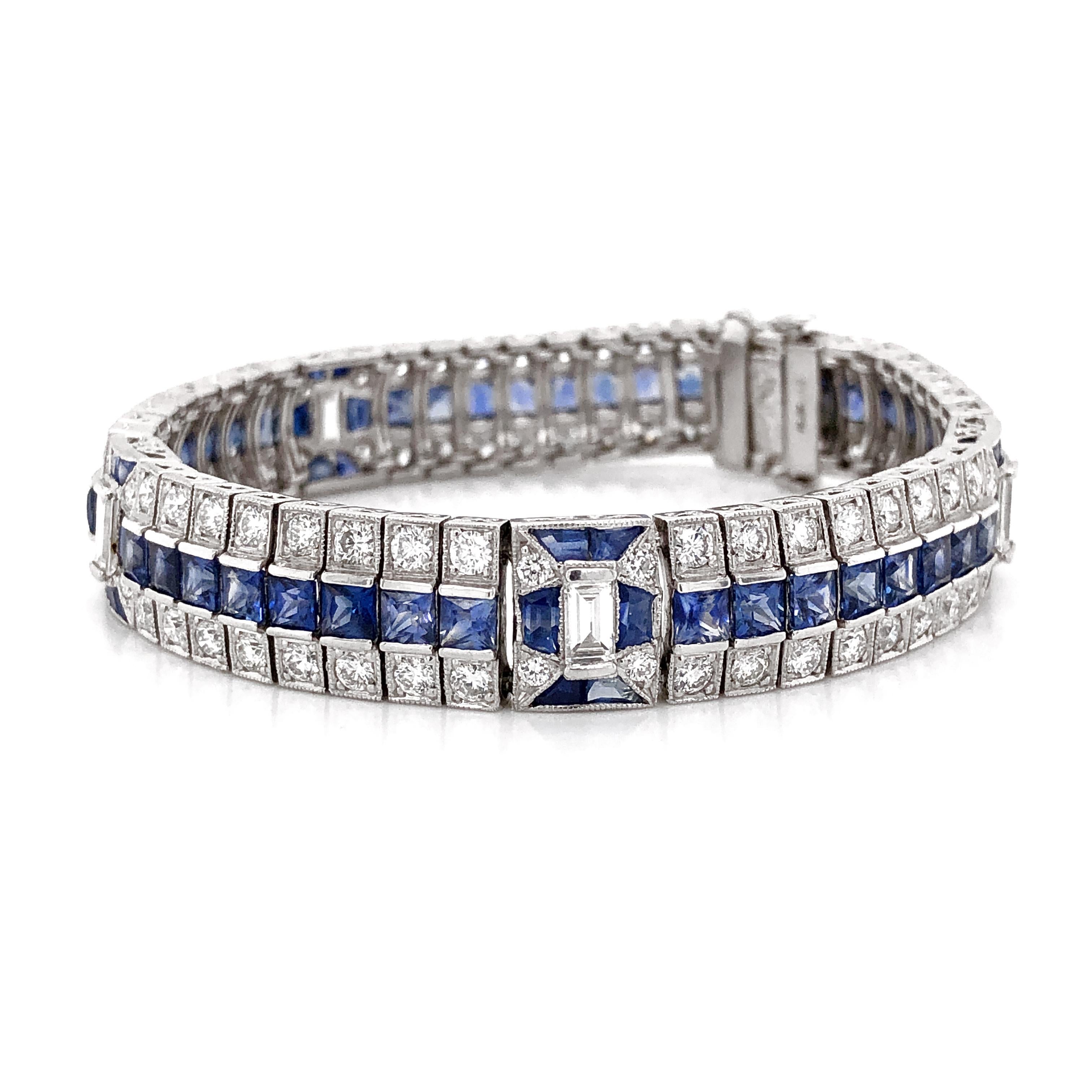 Round Cut Ceylon French Square Cut Sapphires 14.38 Carat Diamond Platinum Link Bracelet For Sale