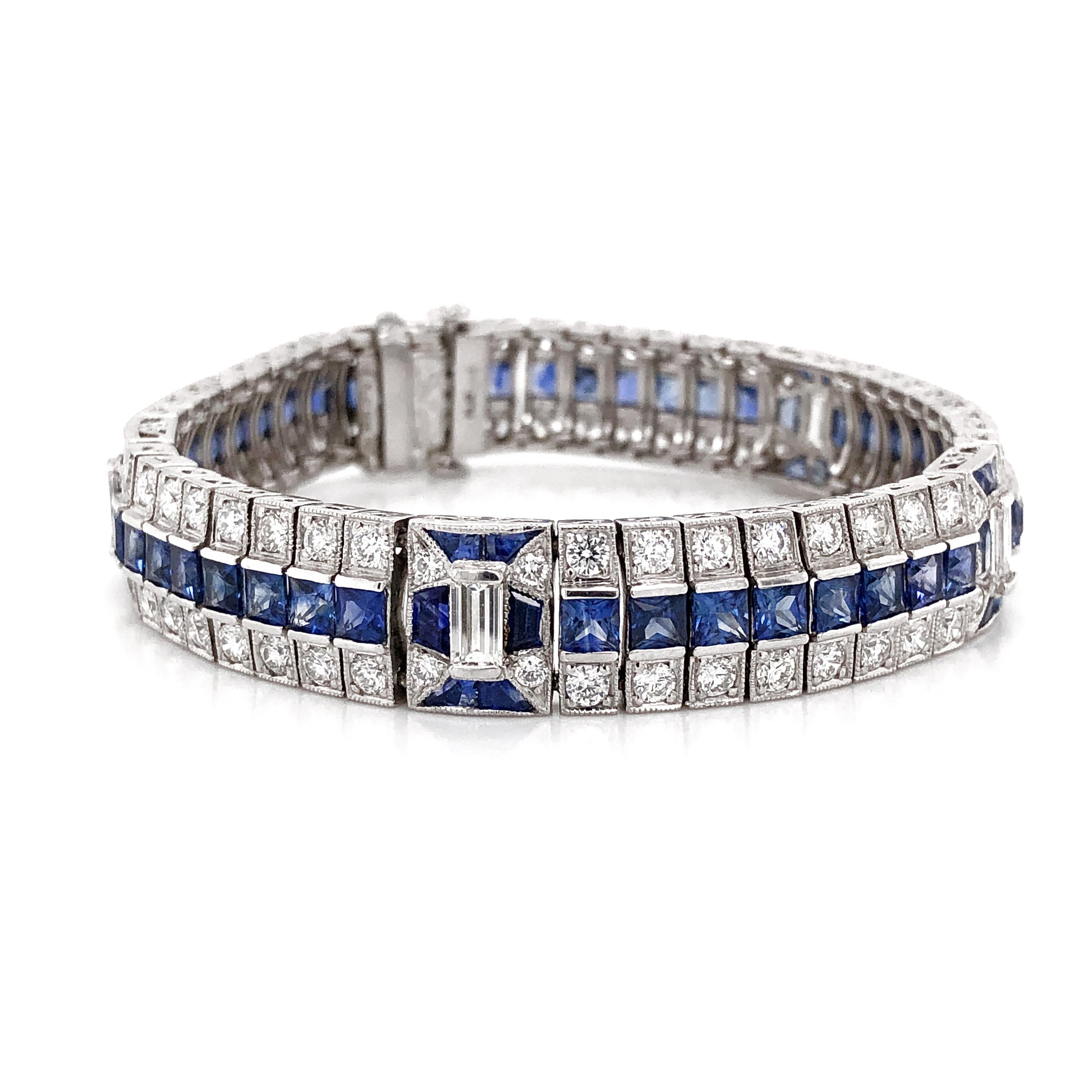 Ceylon French Square Cut Sapphires 14.38 Carat Diamond Platinum Link Bracelet In New Condition For Sale In New York, NY