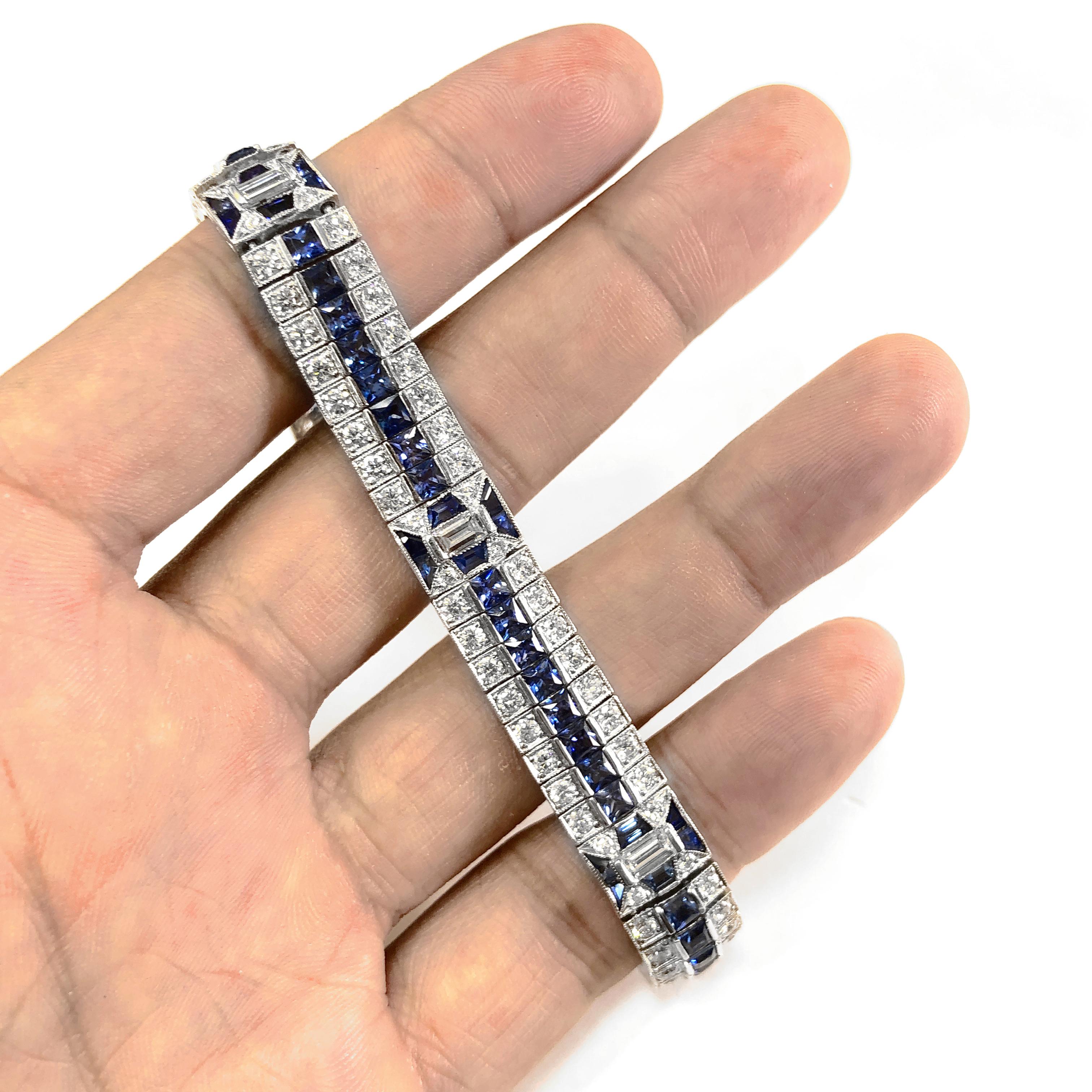 Women's or Men's Ceylon French Square Cut Sapphires 14.38 Carat Diamond Platinum Link Bracelet For Sale