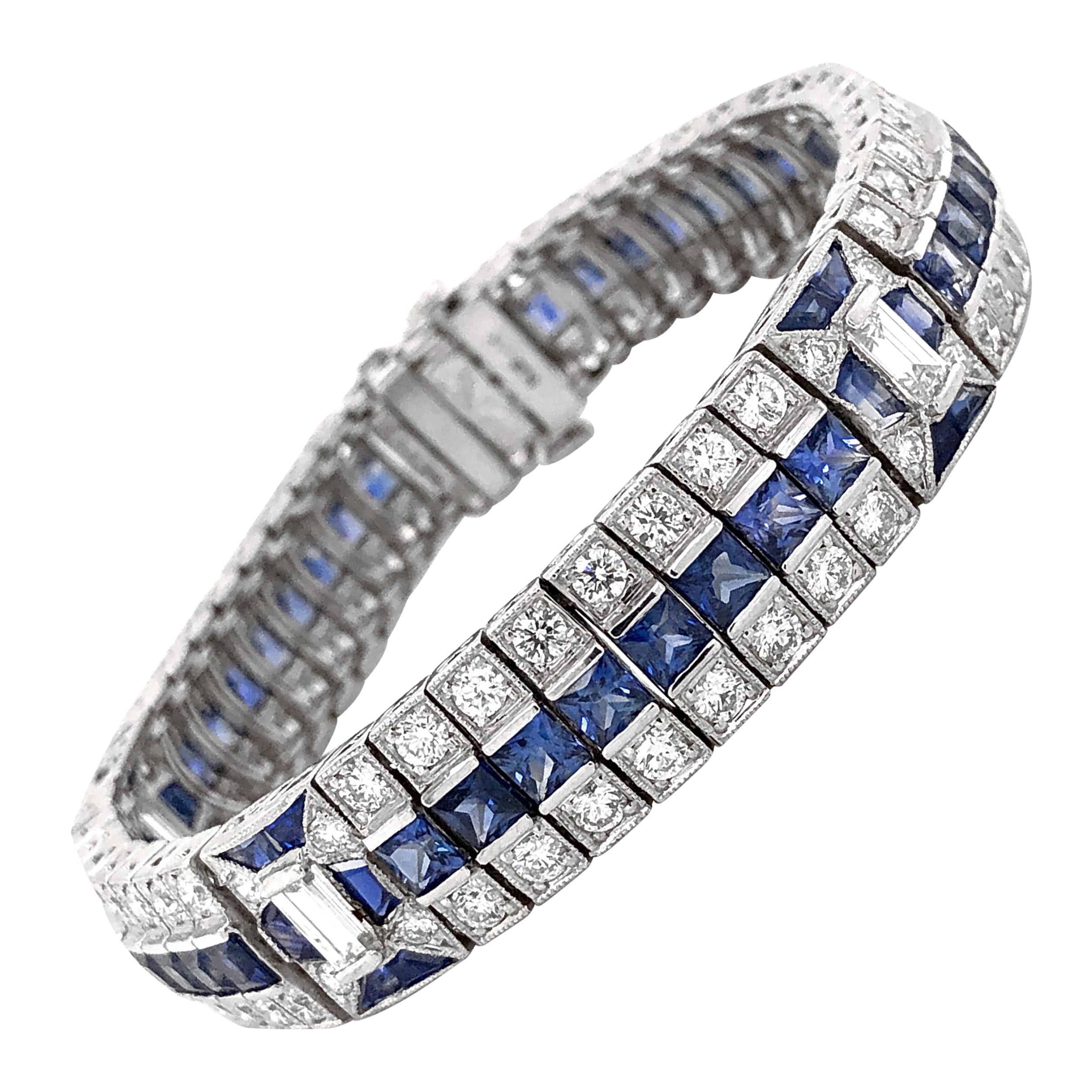 Ceylon French Square Cut Sapphires 14.38 Carat Diamond Platinum Link Bracelet For Sale