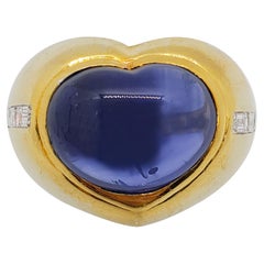 Ceylon GIA Blue Sapphire Cabochon Heart and Diamond Ring in 18 Karat Yellow Gold