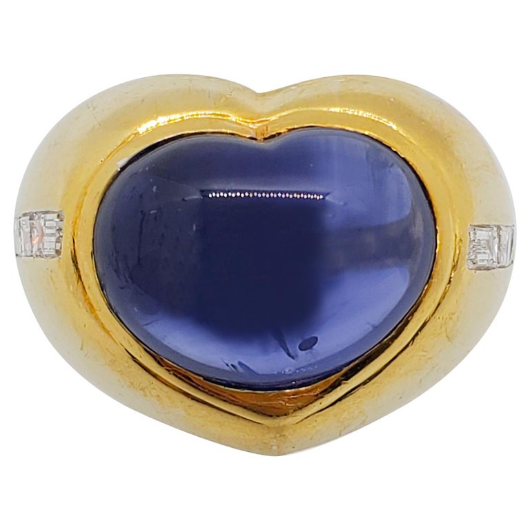 Ceylon GIA Blue Sapphire Cabochon Heart and Diamond Ring in 18 Karat ...