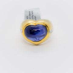Ceylon GIA Blue Sapphire Cabochon Heart and Diamond Ring in 18 Karat Yellow Gold
