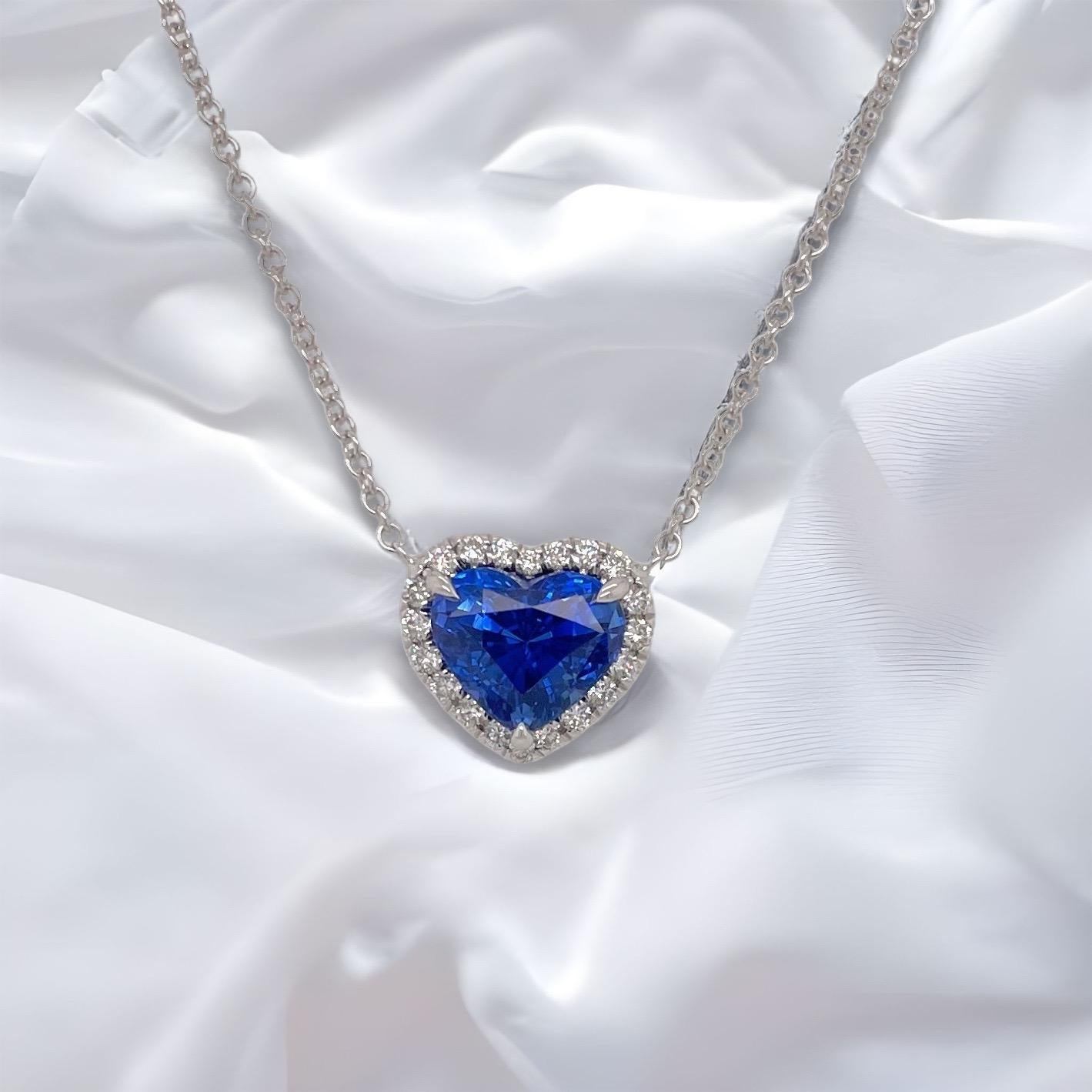 Romantic Ceylon Heart Shape Sapphire and Diamond Halo Pendant in 18k White Gold For Sale
