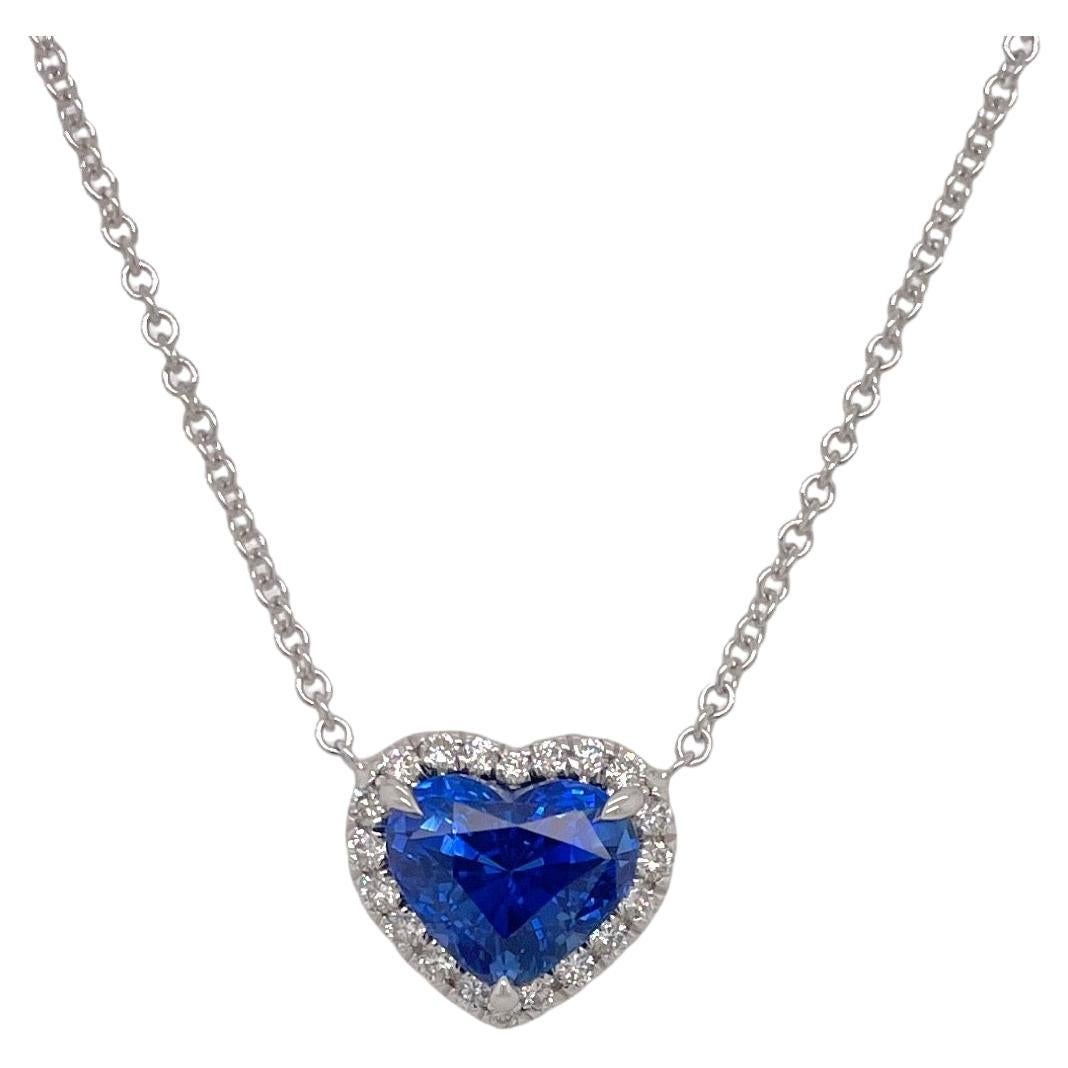 Ceylon Heart Shape Sapphire and Diamond Halo Pendant in 18k White Gold For Sale