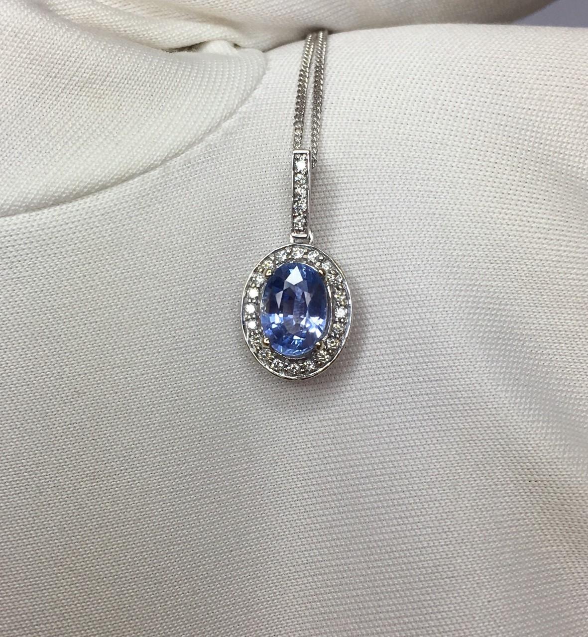 Oval Cut Ceylon Light Blue Sapphire and Diamond 1.14 Carat Gold Halo/Cluster Pendant