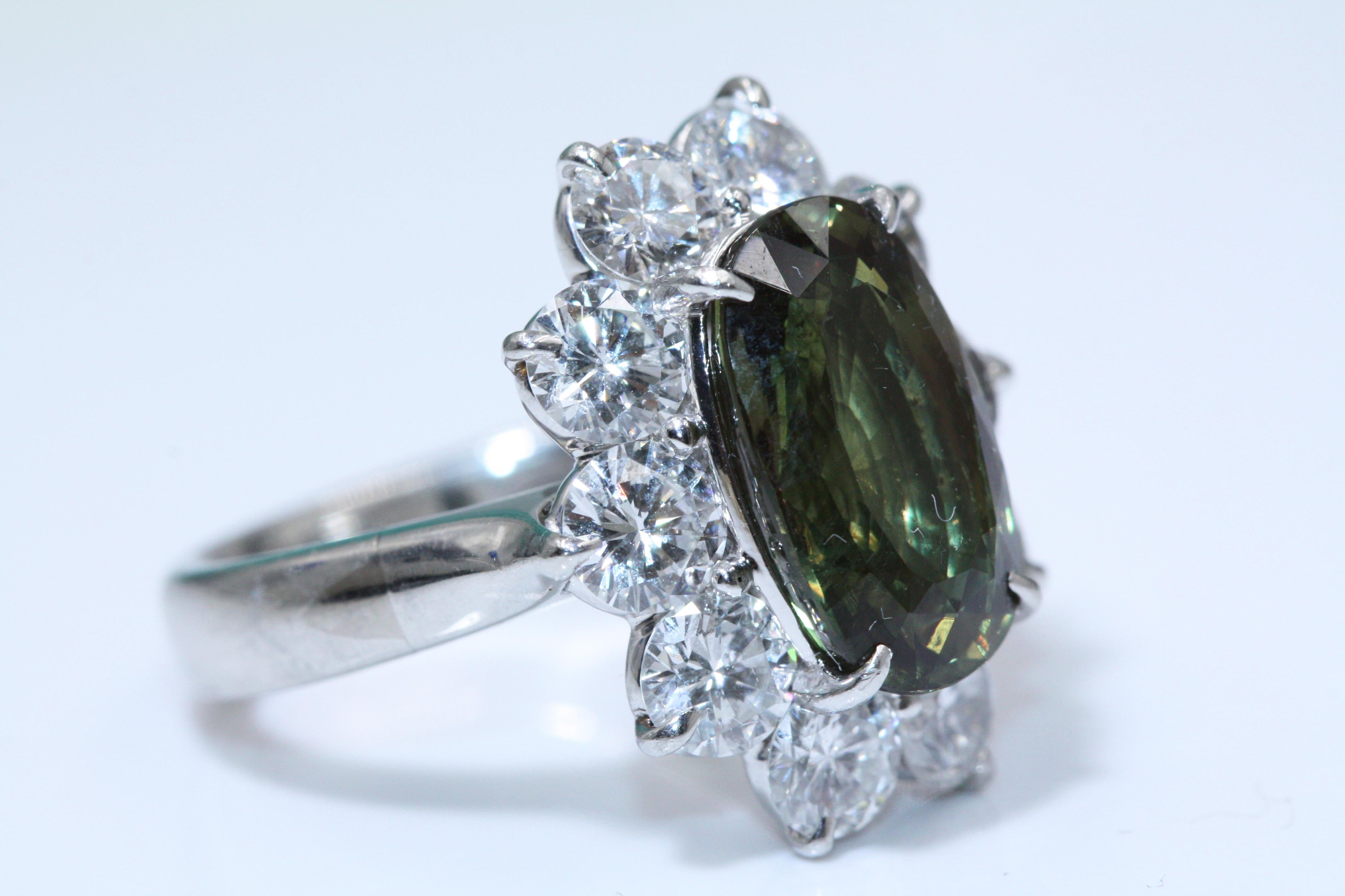 Cushion Cut Ceylon Natural Chrysoberyl Alexandrite Stone Diamond 18K White Gold Ring 5.27cts For Sale