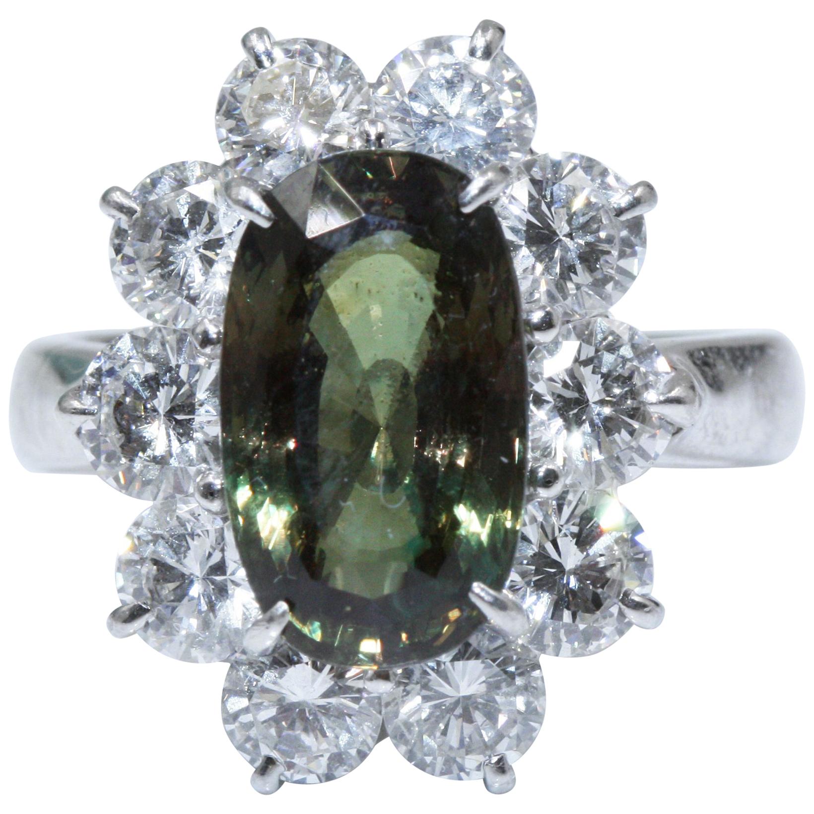 Ceylon Natural Chrysoberyl Alexandrite Stone Diamond 18K White Gold Ring 5.27cts For Sale