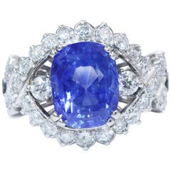 Ceylon Natural Corundum Sapphire 18 Karat White Gold Diamond Ring, 6.46 Carat