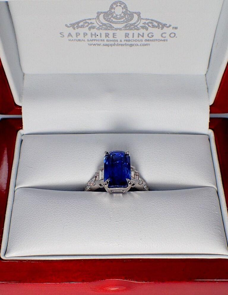 Ceylon Natural Sapphire Ring, 6.82 Carat Platinum Emerald Cut GIA Origin Report For Sale 6