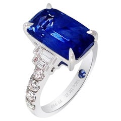 Ceylon Natural Sapphire Ring, 6.82 Carat Platinum Emerald Cut GIA Origin Report