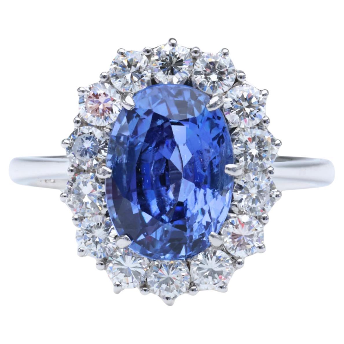 Anello con zaffiro blu di Ceylon senza calore e diamanti a raggiera in oro bianco 18 carati