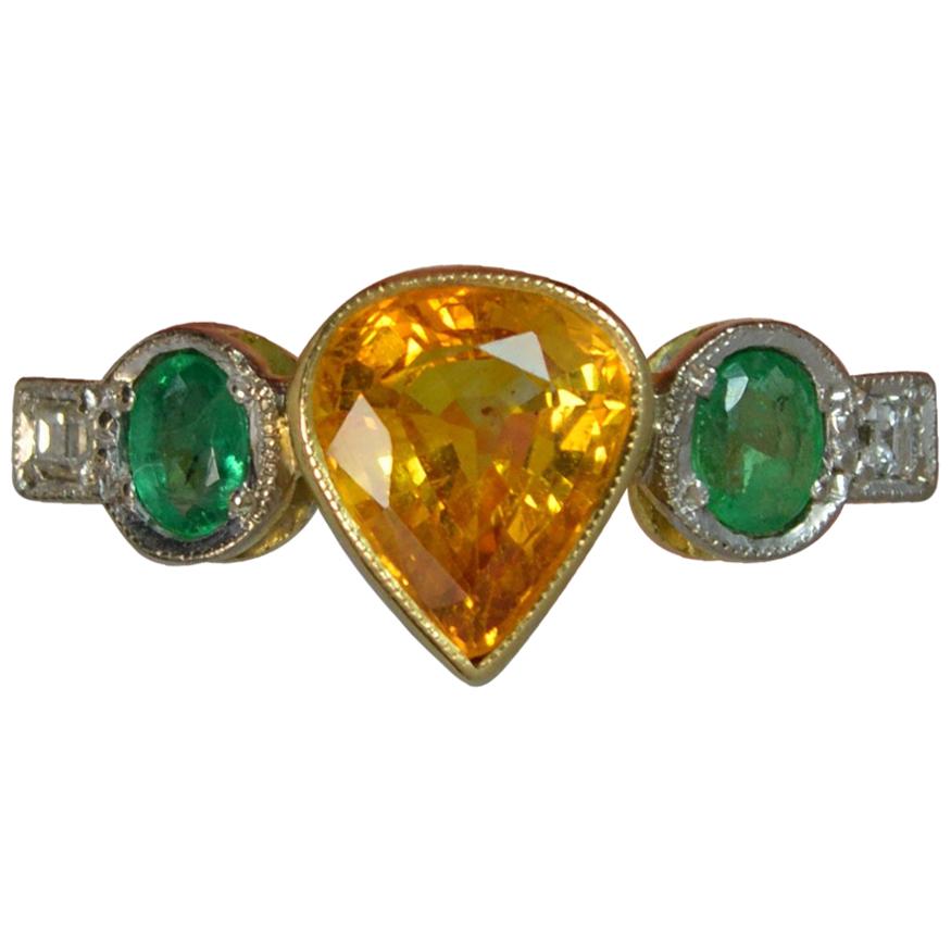 Ceylon Orange Sapphire Emerald and Diamond 18 Carat Gold Five-Stone Ring