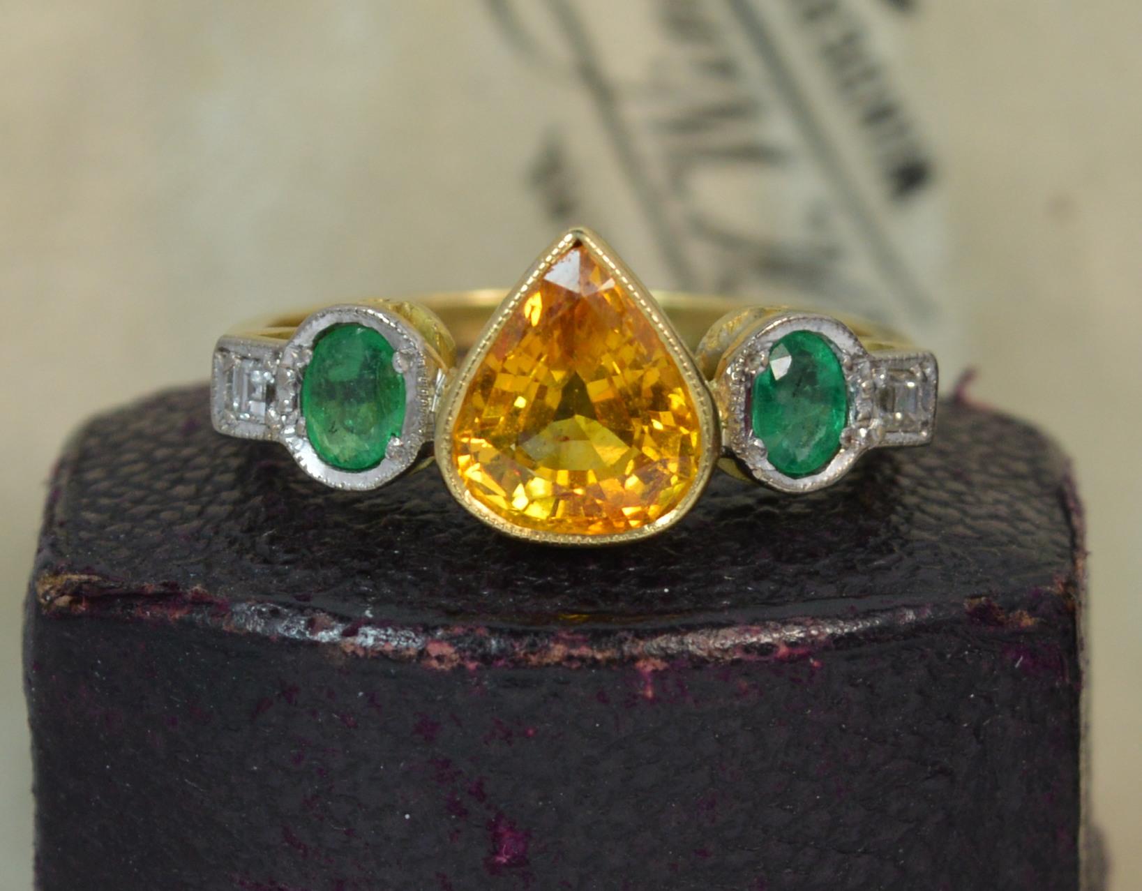 Ceylon Orange Sapphire Emerald and Diamond 18 Carat Gold Five-Stone Ring 7