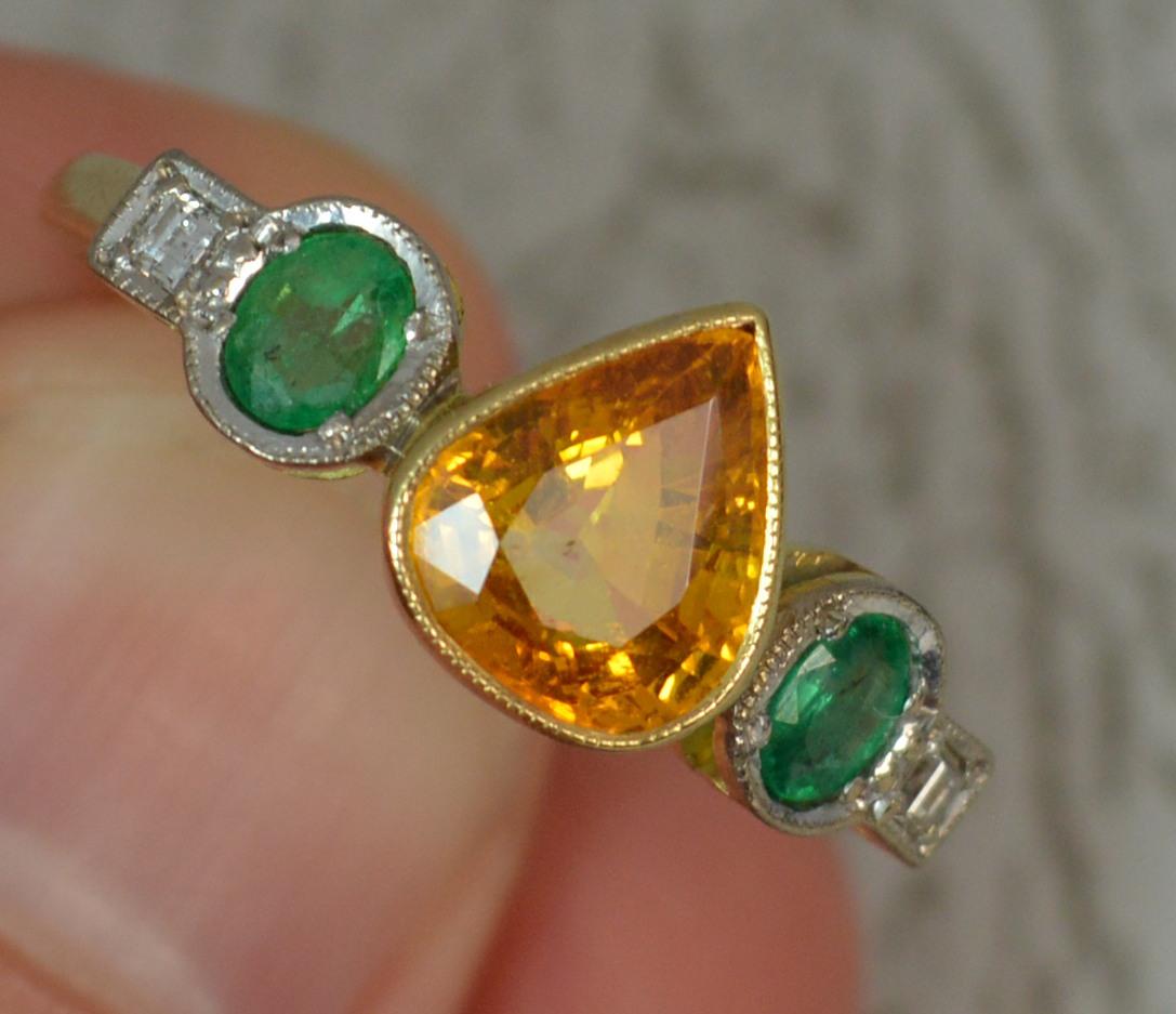 Art Deco Ceylon Orange Sapphire Emerald and Diamond 18 Carat Gold Five-Stone Ring