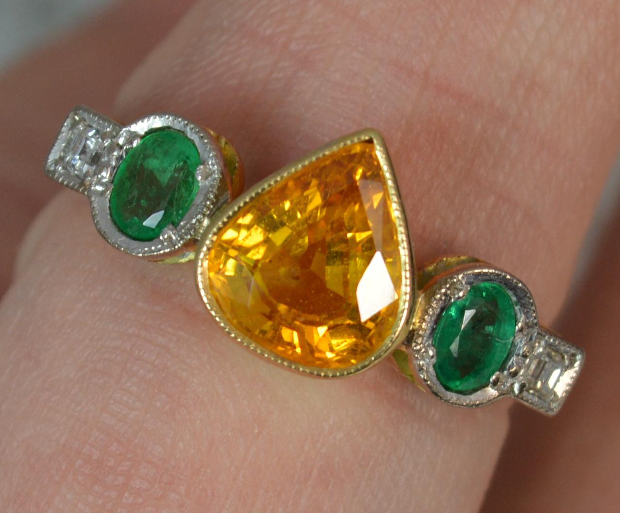 Women's Ceylon Orange Sapphire Emerald and Diamond 18 Carat Gold Five-Stone Ring