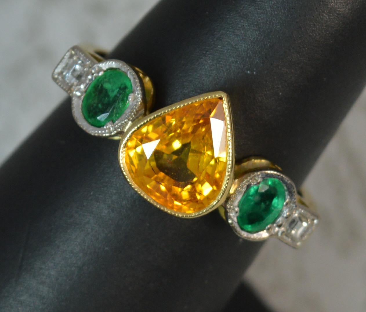 Ceylon Orange Sapphire Emerald and Diamond 18 Carat Gold Five-Stone Ring 2