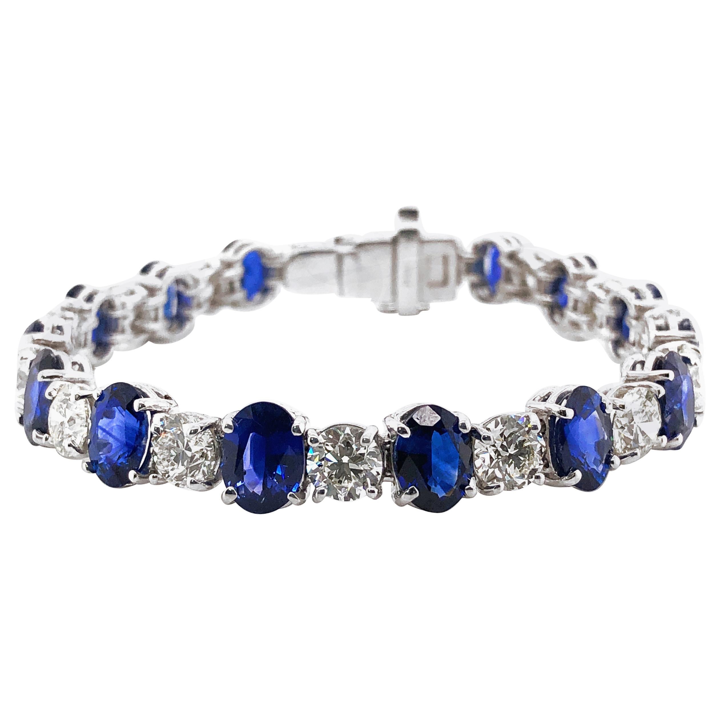 Ceylon oval sapphires 19.44 carat round diamonds platinum bracelet For Sale