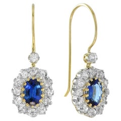 Ceylon Oval Shape Blue Sapphire Diamond Halo Antique Style 18K Gold Earrings
