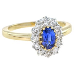 Ceylon Oval Shape Blue Sapphire Diamond Halo Antique Style 18K Yellow Gold Ring
