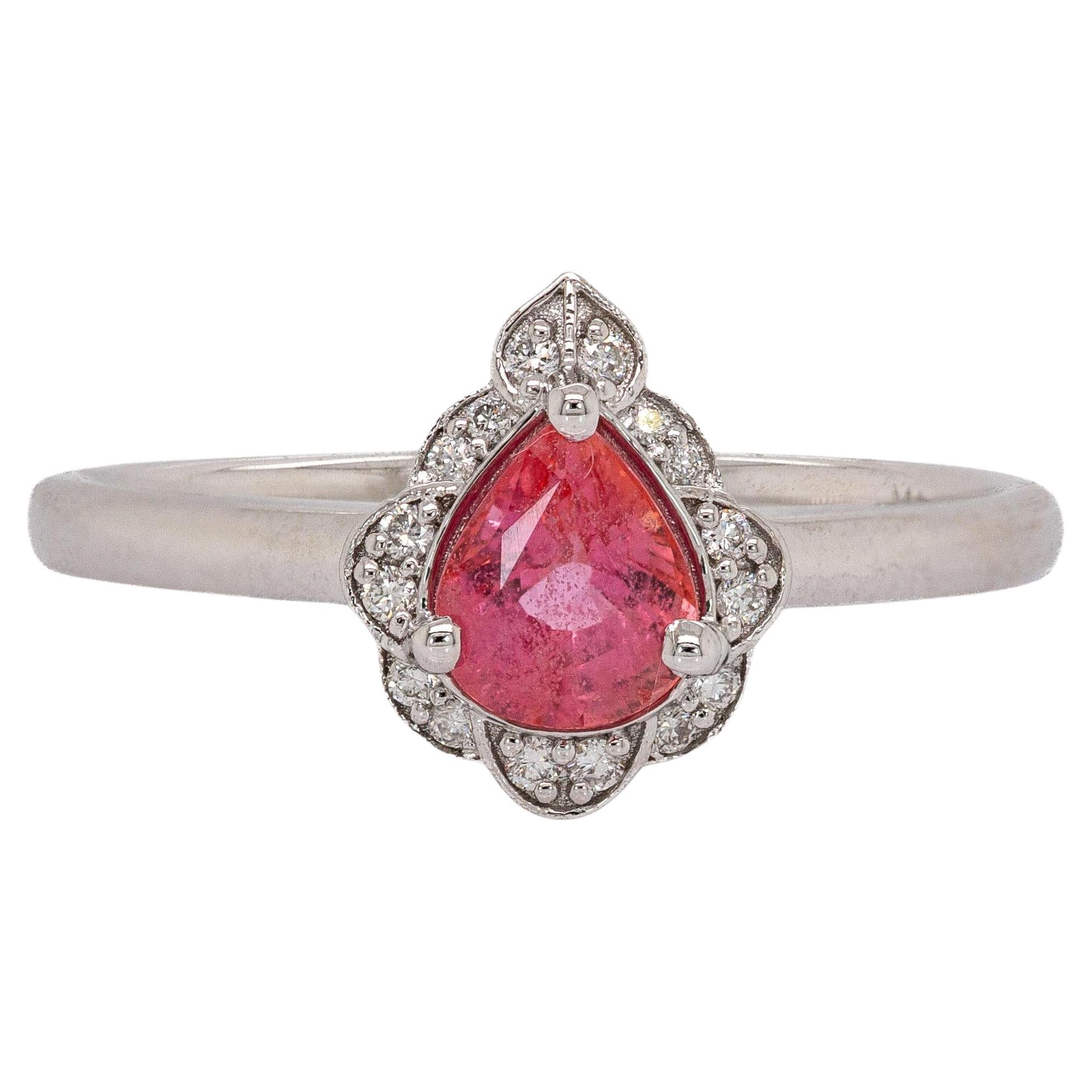 Anello con zaffiro Padparadscha di Ceylon e accenti di diamanti naturali in oro bianco 14 carati in vendita