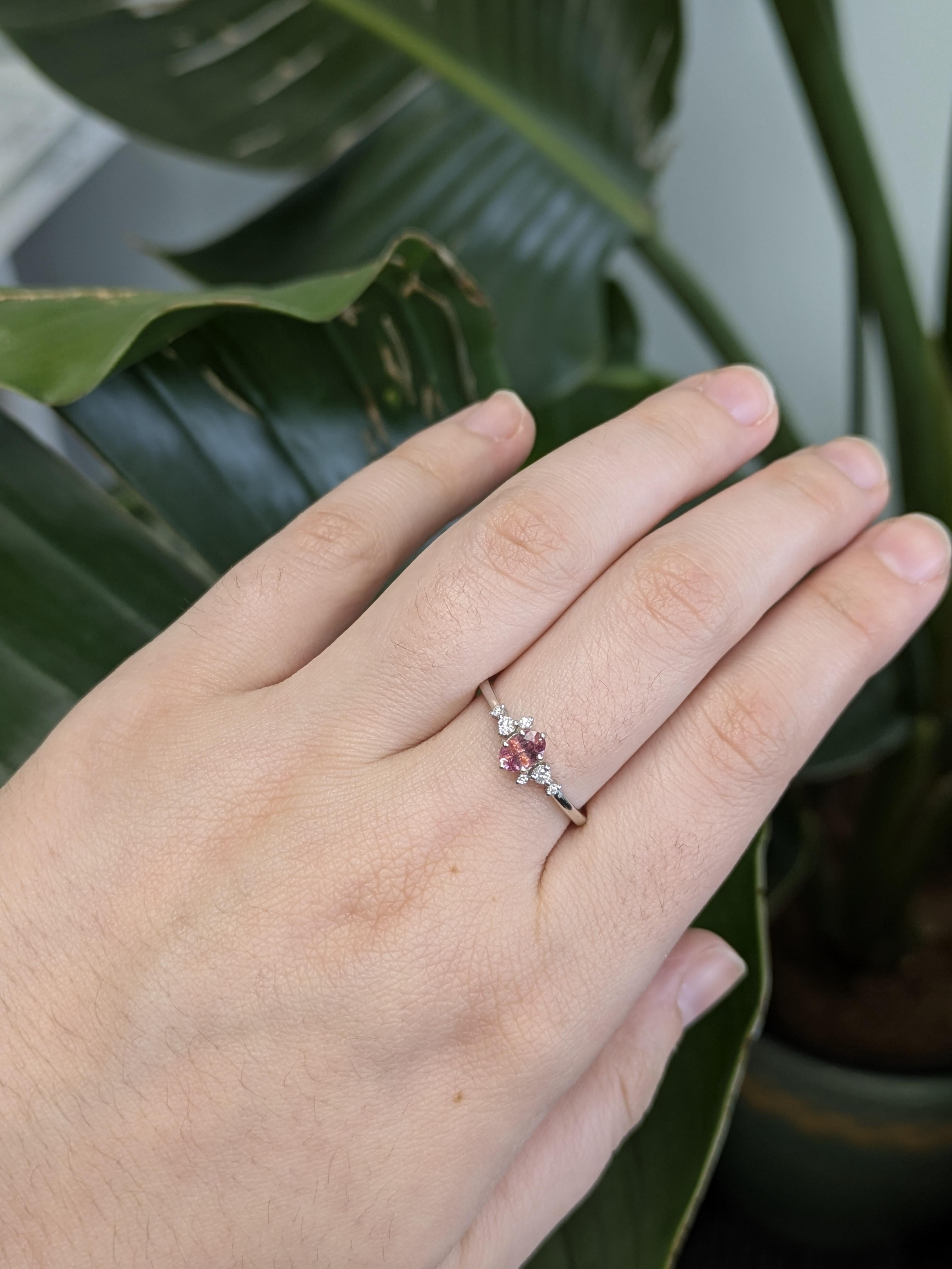 Dieser zarte Ring enthält einen seltenen ovalen Padparadscha-Saphir von 0,39 ct aus Ceylon, der 5,4 x 3,6 mm misst. Der für seine exquisite Mischung aus Rosa- und Orangetönen bekannte Saphir ist in 14-karätigem Gold (1,46 g) gefasst und mit 6