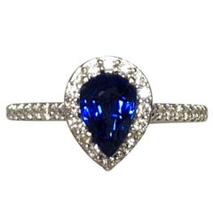 Ceylon Pear Cut Blue Sapphire and Diamond 18 Karat White Gold Halo Ring