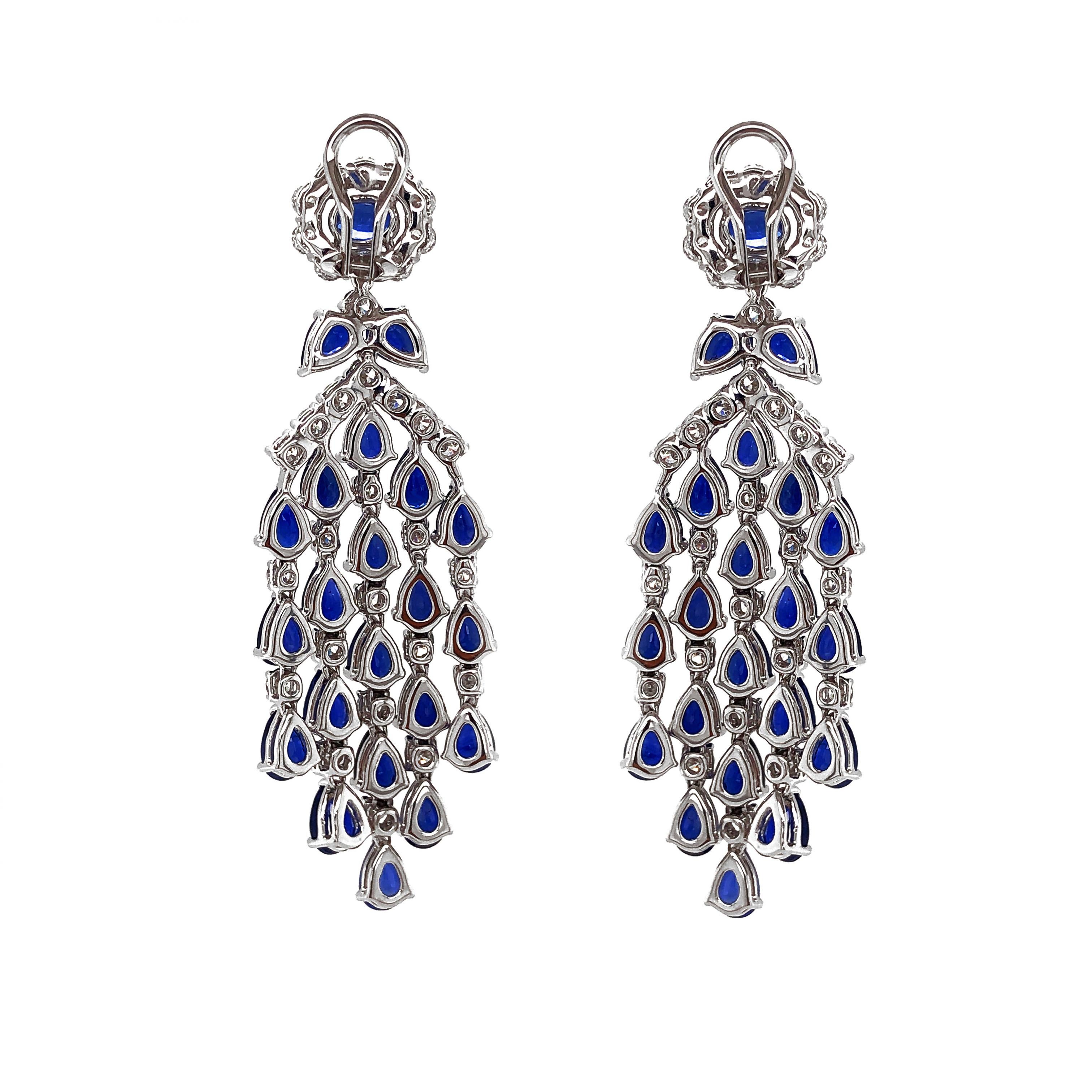 Contemporary Ceylon Pear Oval Cut Sapphires 22.84 Carat Diamonds Platinum Earrings For Sale