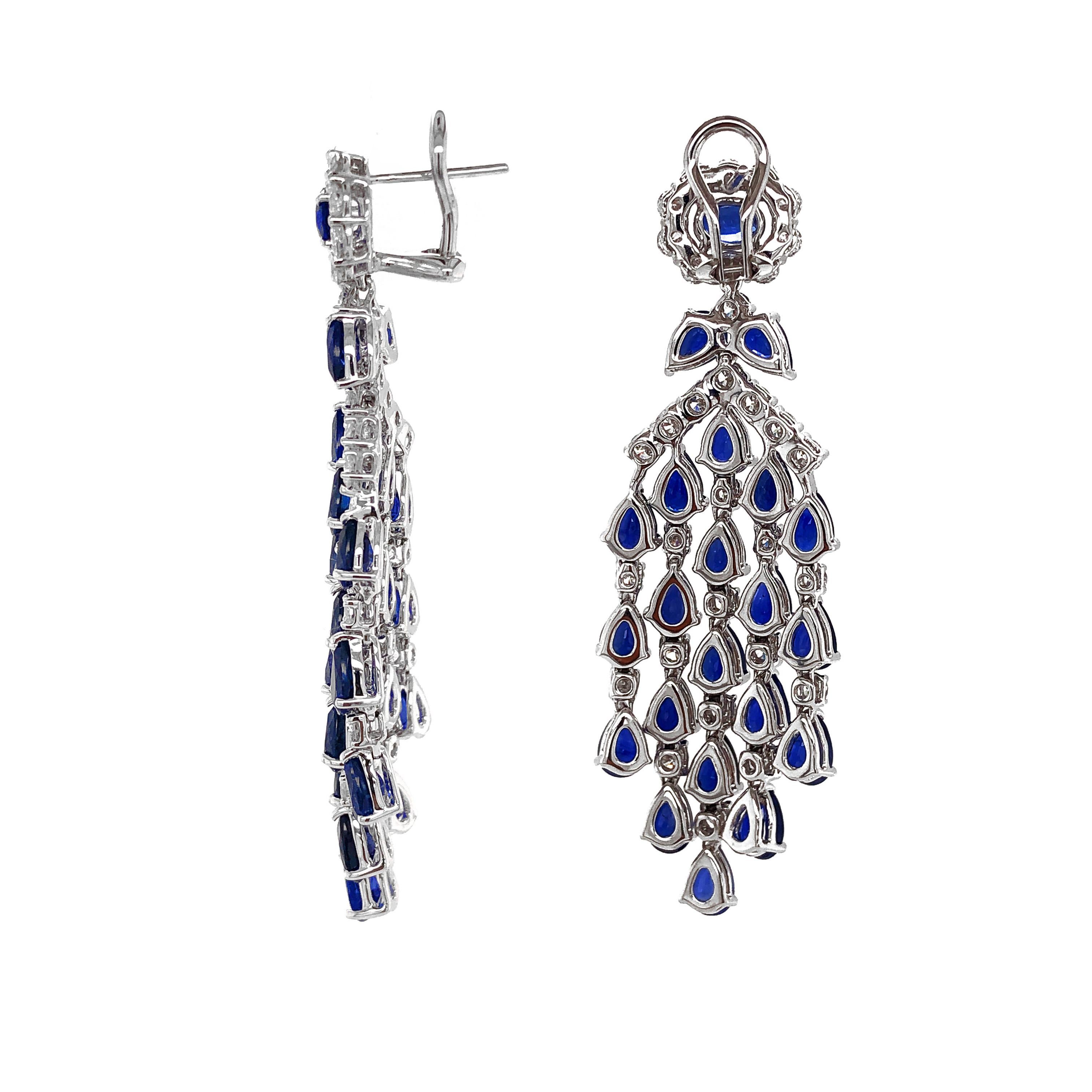 Pear Cut Ceylon Pear Oval Cut Sapphires 22.84 Carat Diamonds Platinum Earrings For Sale