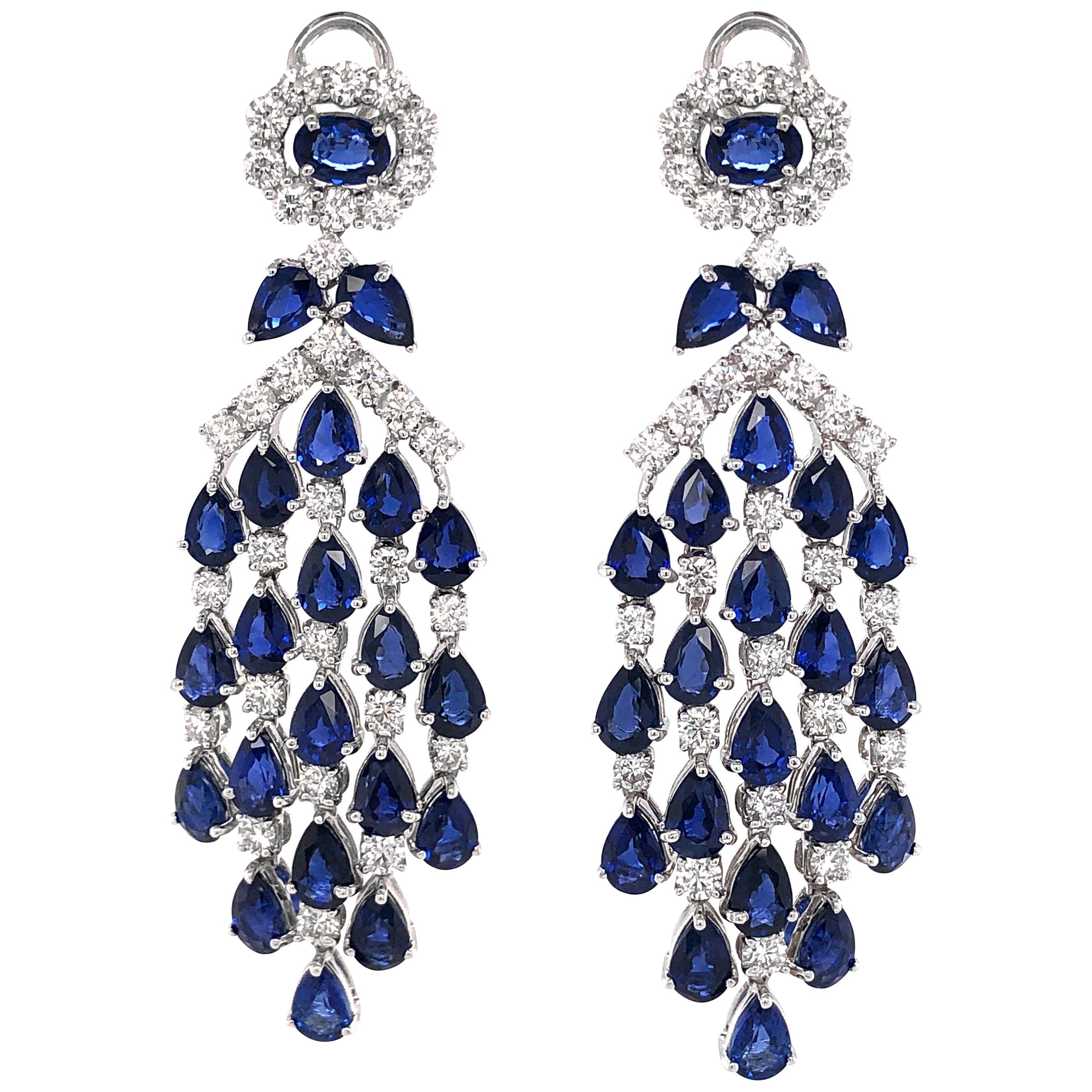 Ceylon Pear Oval Cut Sapphires 22.84 Carat Diamonds Platinum Earrings For Sale