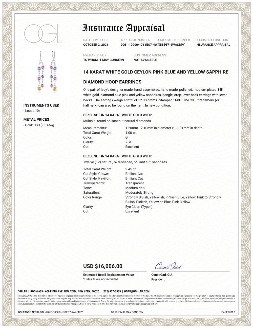 Fourteen karat double-strand white gold hoop drop earrings
Blue pink and yellow sapphires weighing 9.45 carat 
Diamond weight 1.00 carat
Earrings are 1.7 inches long
Sapphires country of origin Ceylon
New Earrings 
Earrings are hanging from diamond