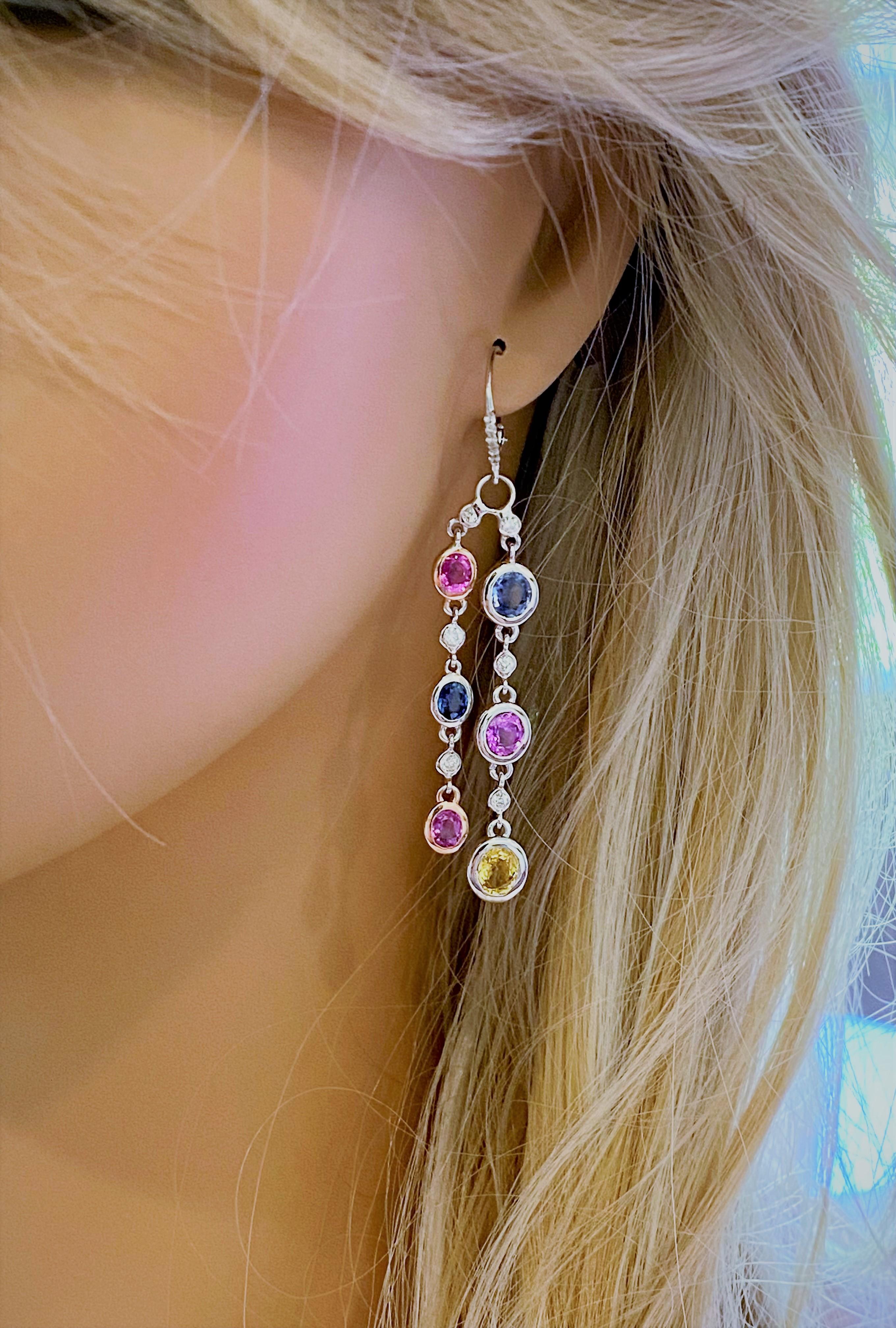 Contemporary Ceylon Pink Blue and Yellow Sapphire Diamond Hoop Gold Earrings 