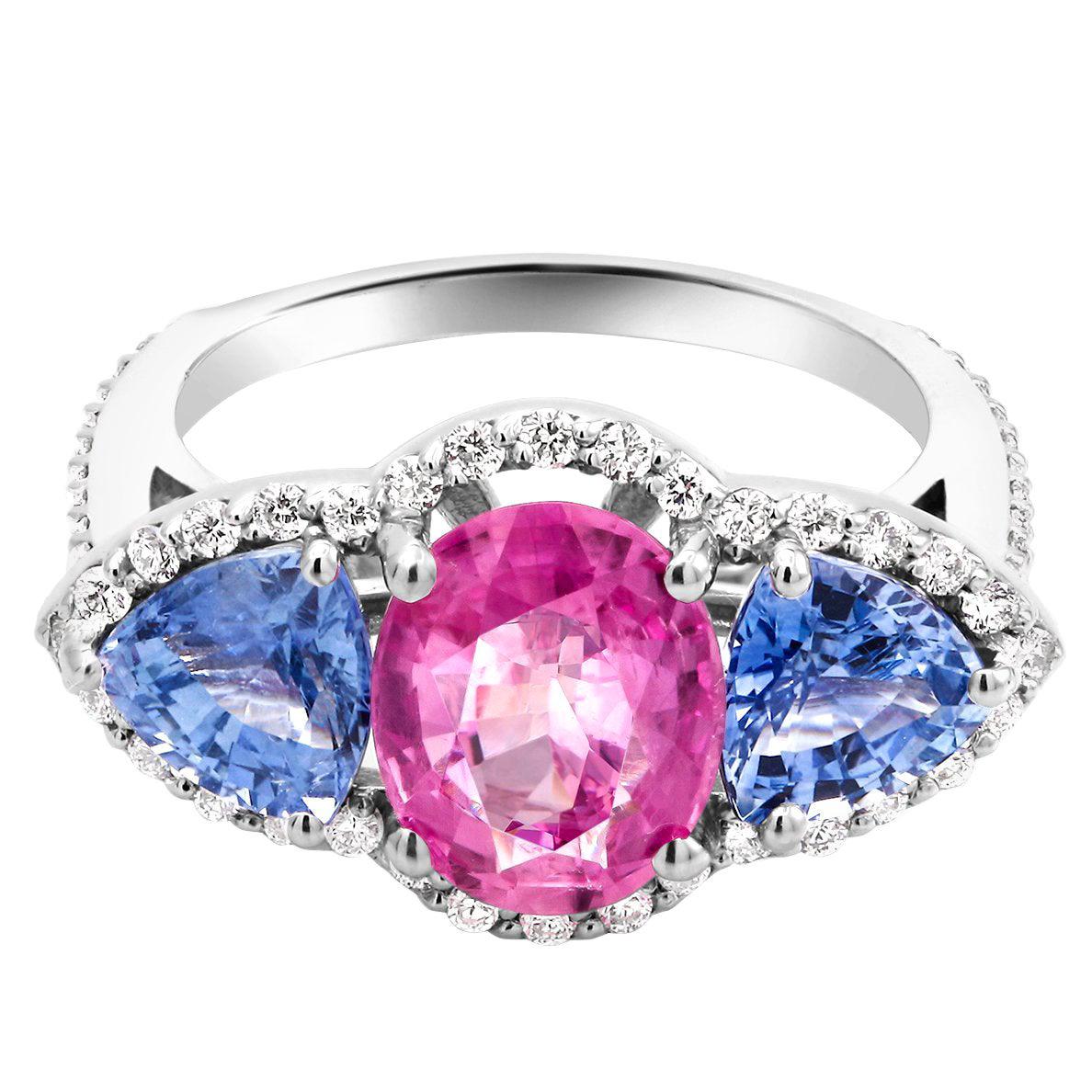 Ceylon Pink Cushion and Trillion Blue Sapphires Diamond Cocktail Cluster Ring
