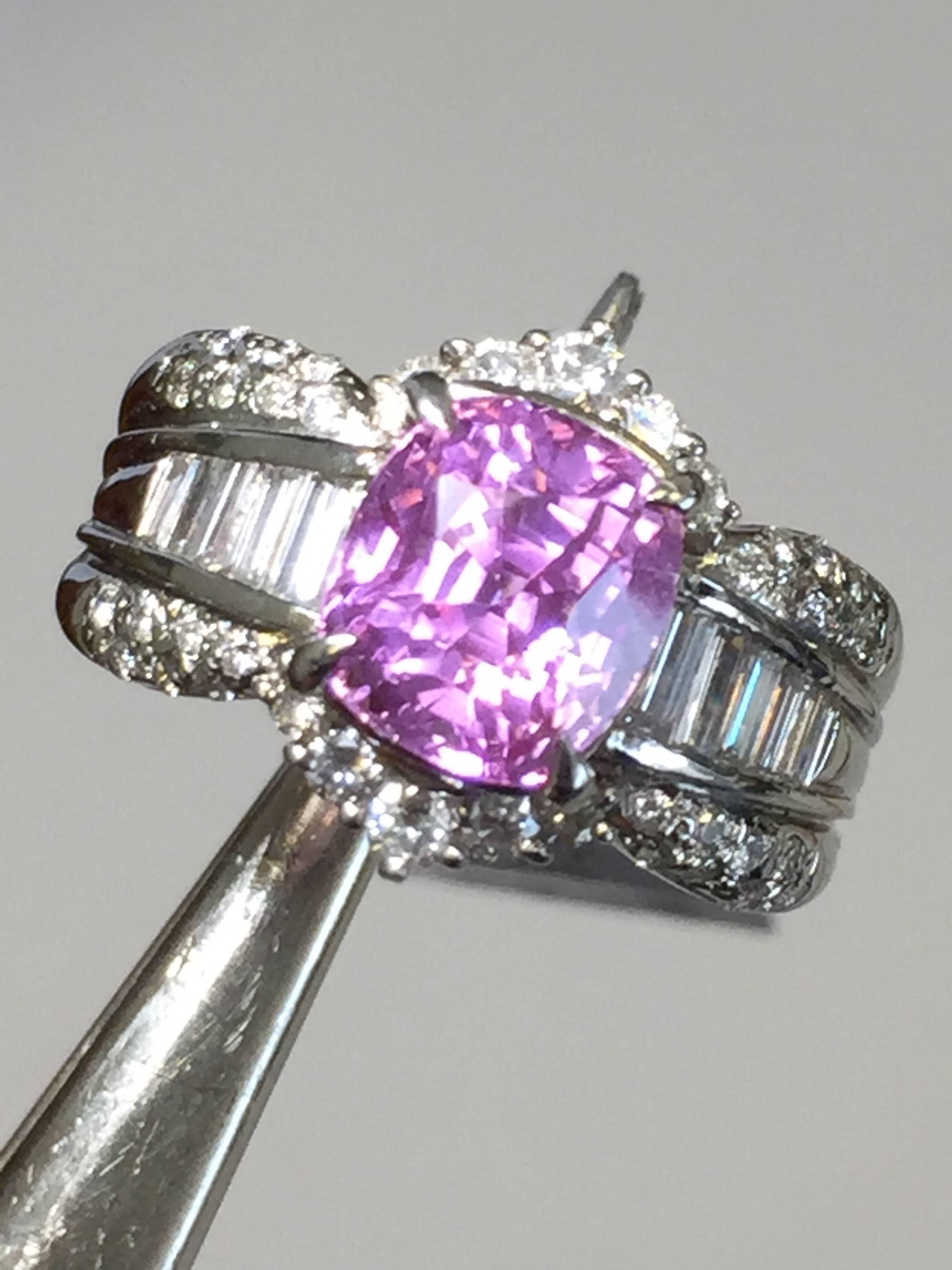 Ceylon Pink Sapphire Cushion and White Diamond Cocktail Ring in Platinum In New Condition In Los Angeles, CA
