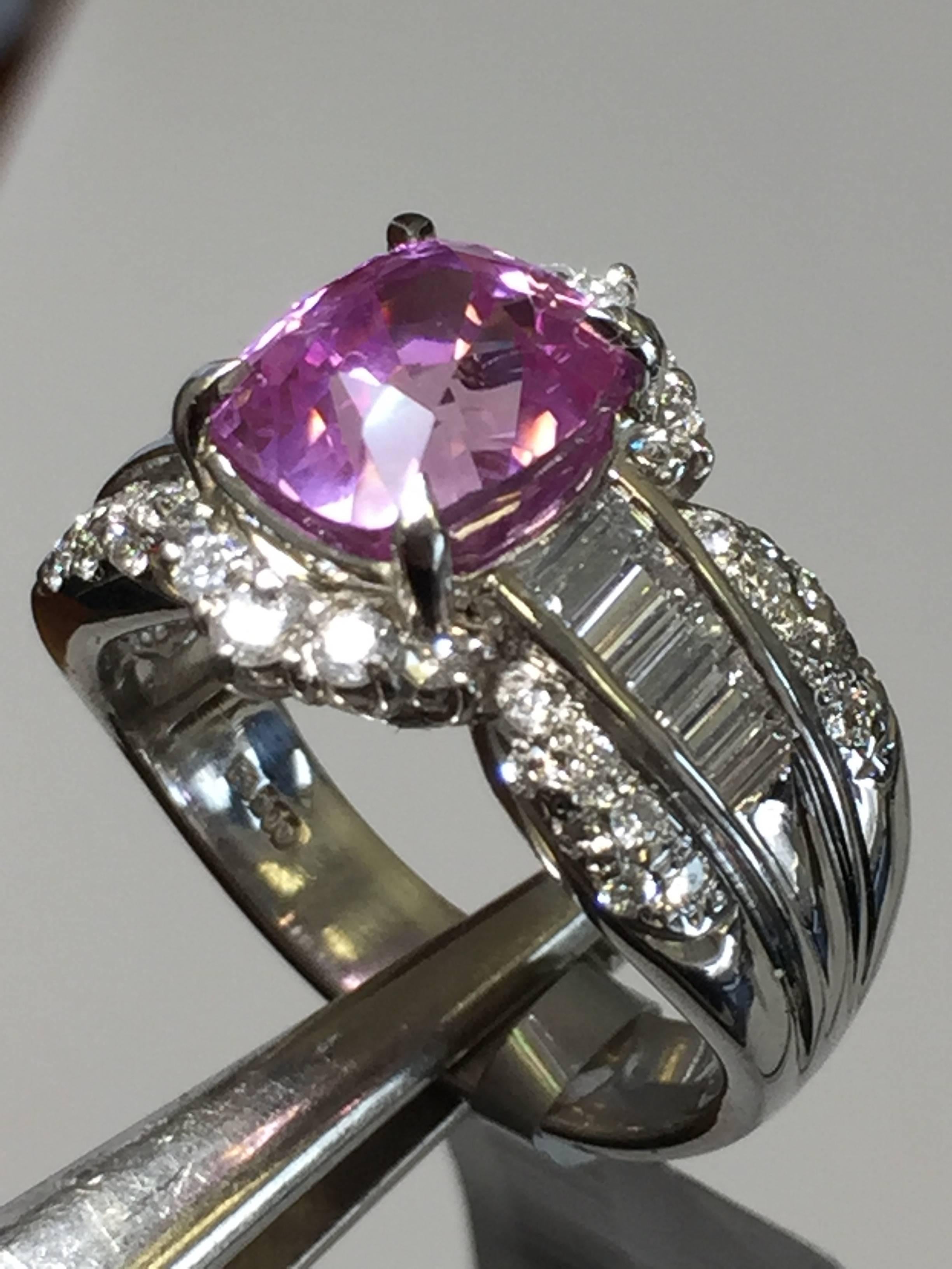 Women's or Men's Ceylon Pink Sapphire Cushion and White Diamond Cocktail Ring in Platinum