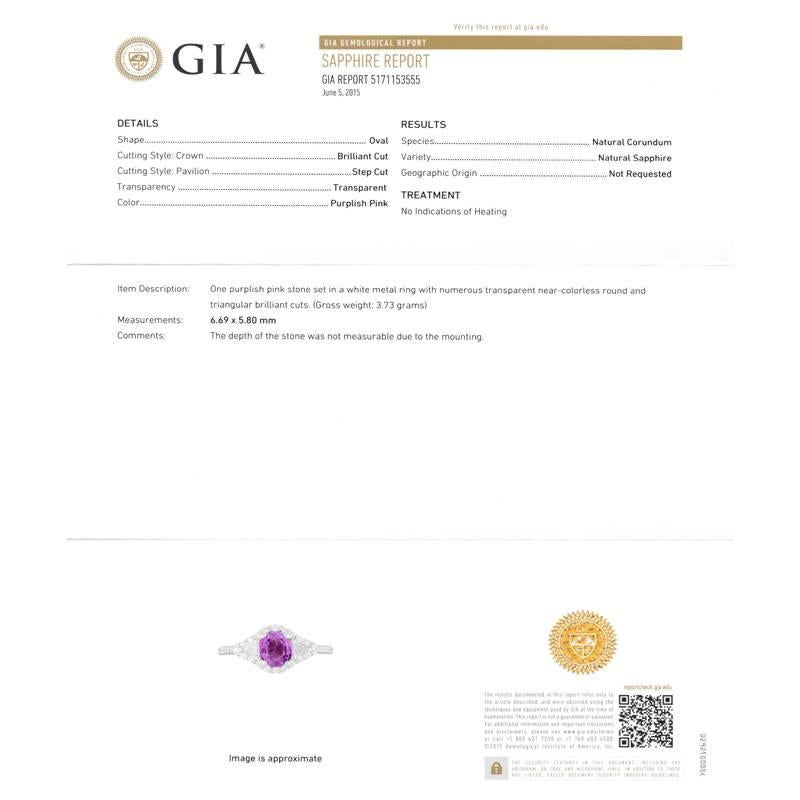 Eighteen karats white gold cocktail ring
GIA certified 1.22 carat  no heat Ceylon pink sapphire 
Match pair of trillion diamond weighing 0.25 
Pave-set diamonds weighing 0.40 carats  
Diamond quality G VS. 
GIA certificate 5171153555
New ring 
One