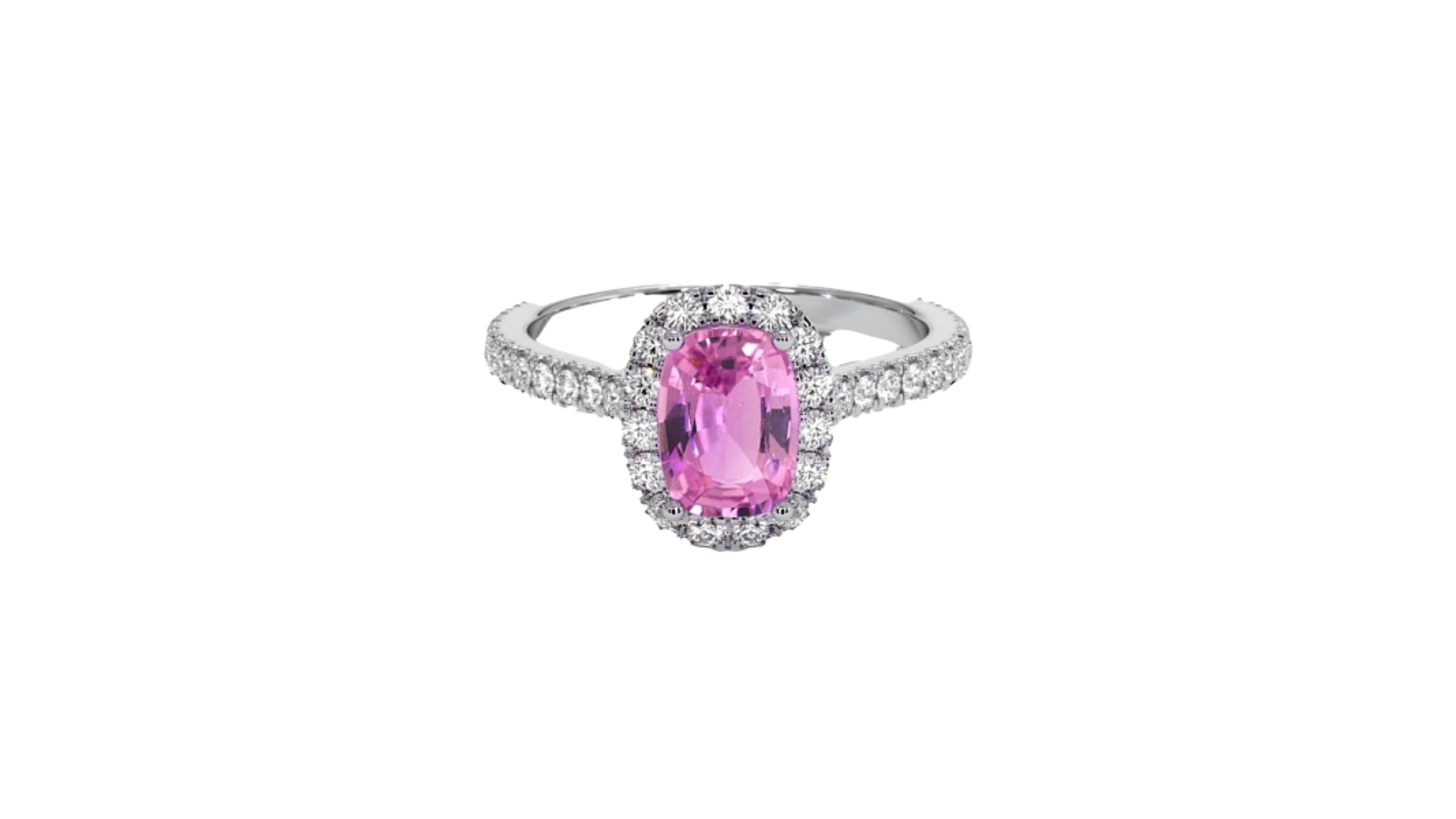 Cushion Cut Ceylon Pink Sapphire Diamond Ring 18 Karat White Gold