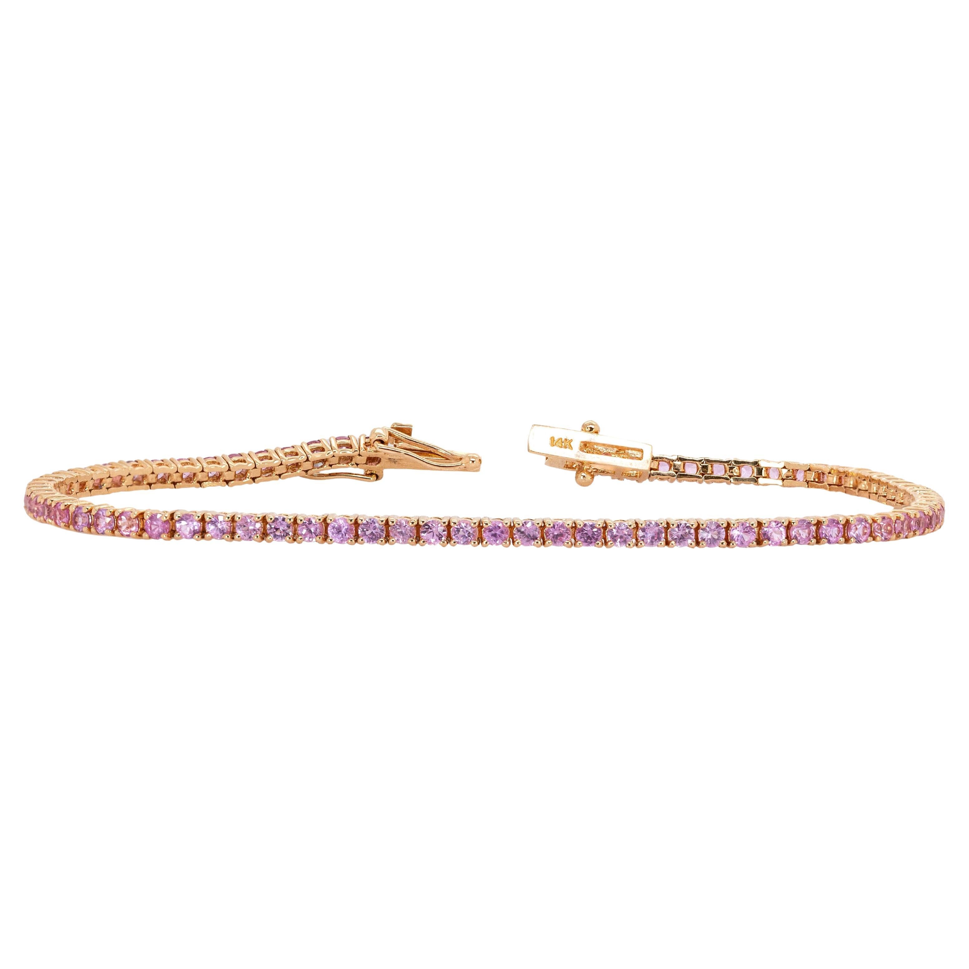 Pulsera de zafiro rosa de Ceilán: Oro rosa macizo de 14 quilates  Redondo 2 mm