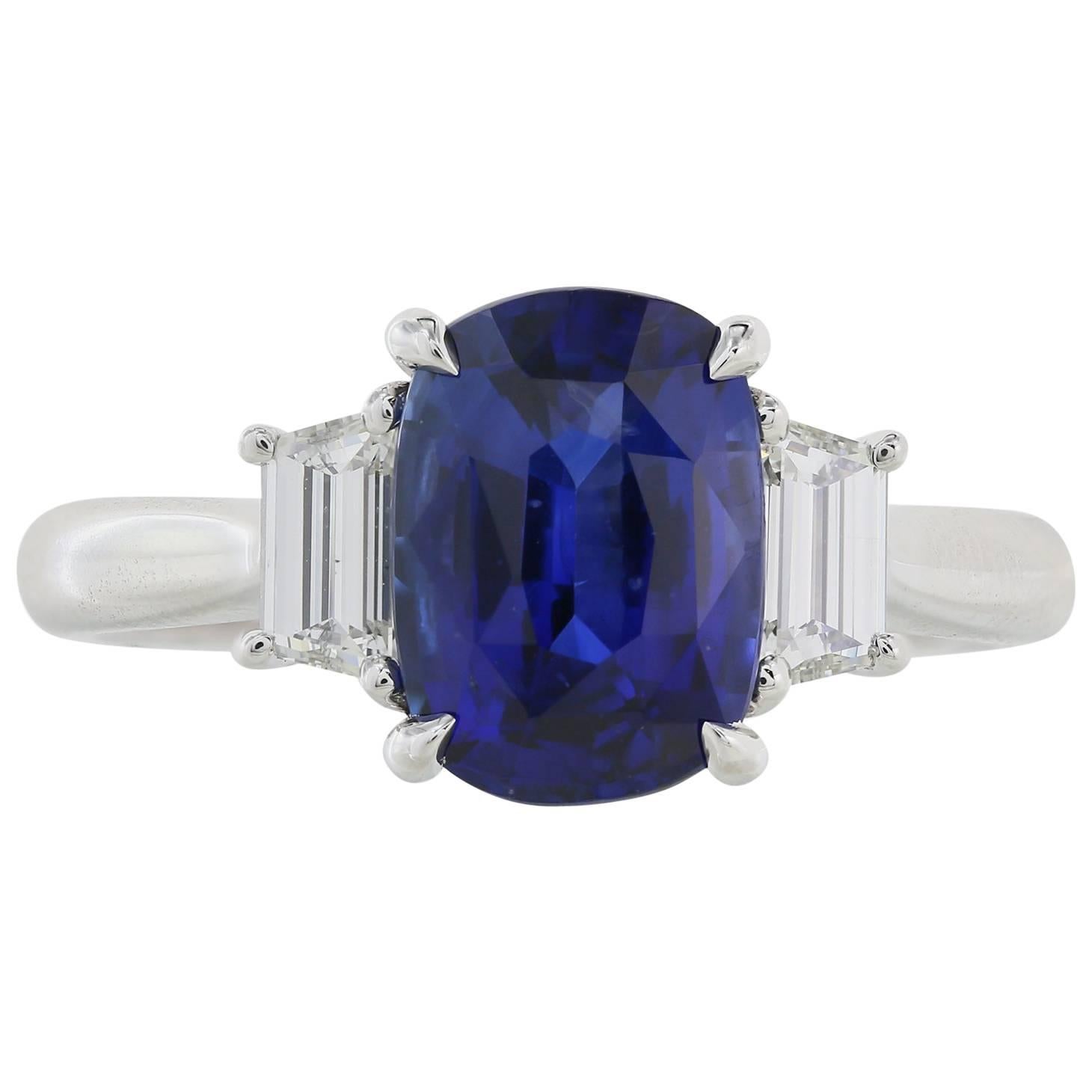  Ceylon Royal Blue 3.11 Carat Sapphire and Diamond Three-Stone Ring