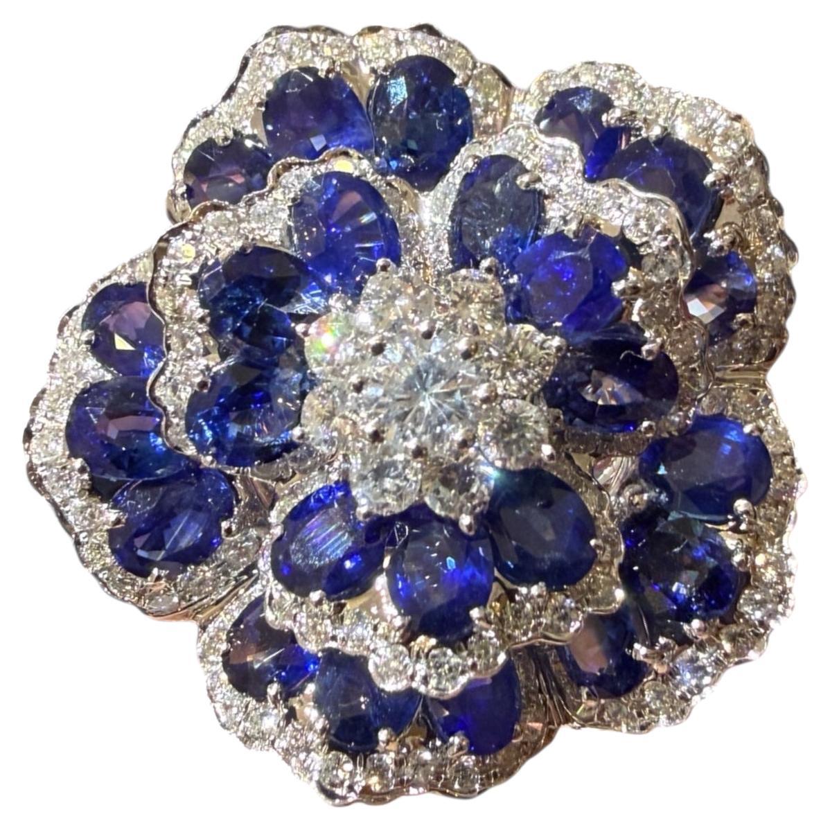 Ceylon Sapphire 10.12ct Camellia Cocktail Ring with Diamond Halo 18K White Gold