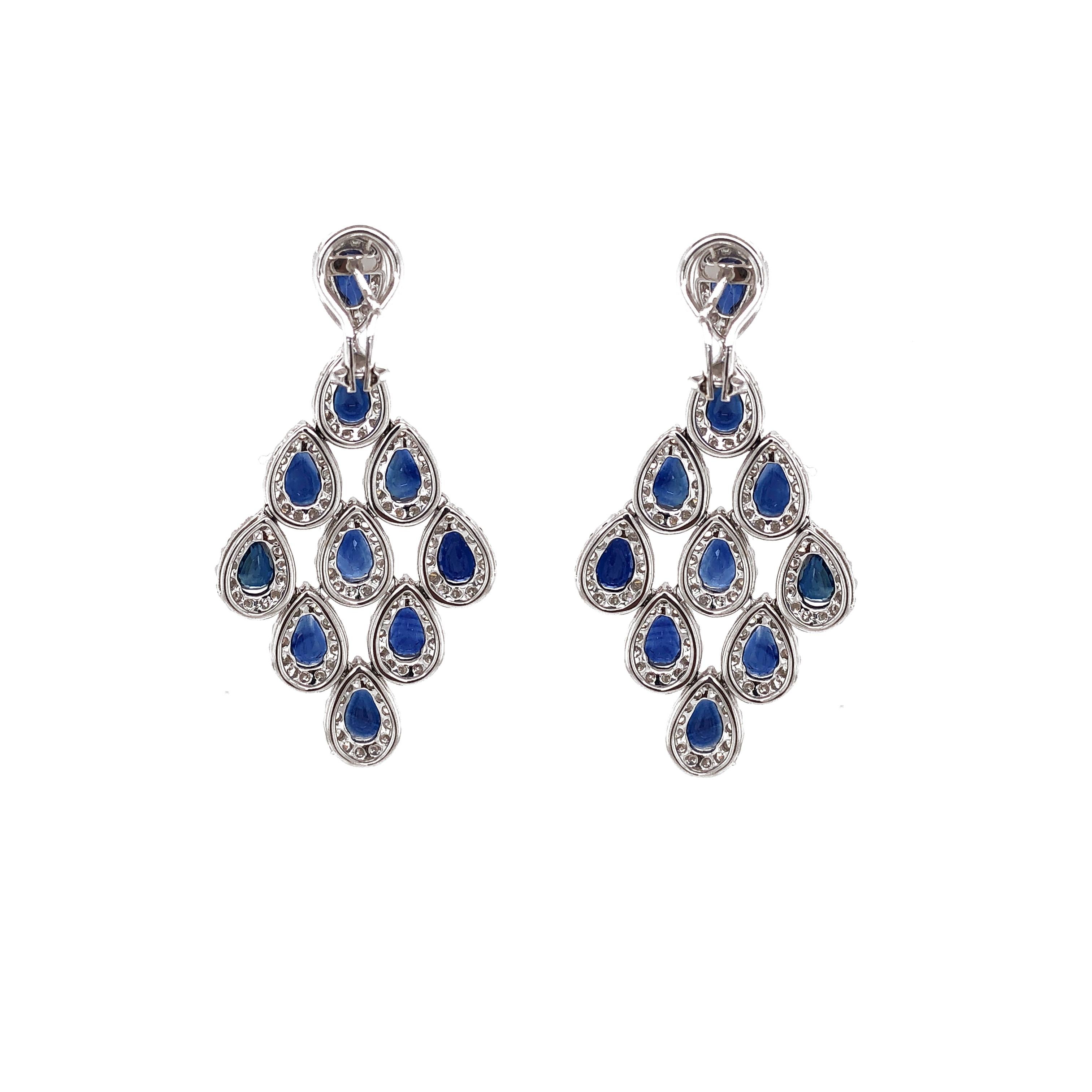 Pear Cut Ceylon Sapphire 10.44 Carat Diamond Chandelier 18 Karat Gold Earrings For Sale
