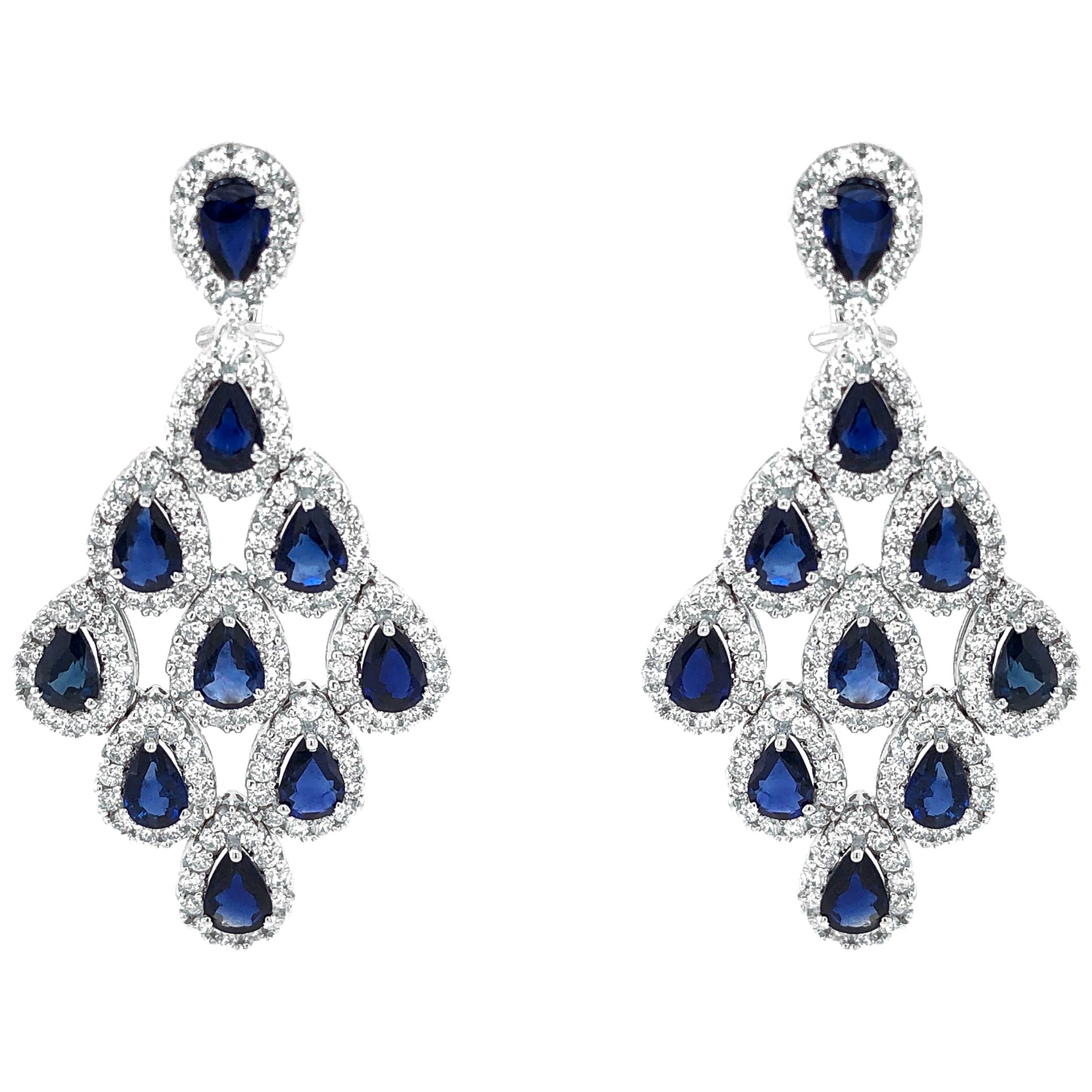Ceylon Sapphire 10.44 Carat Diamond Chandelier 18 Karat Gold Earrings For Sale