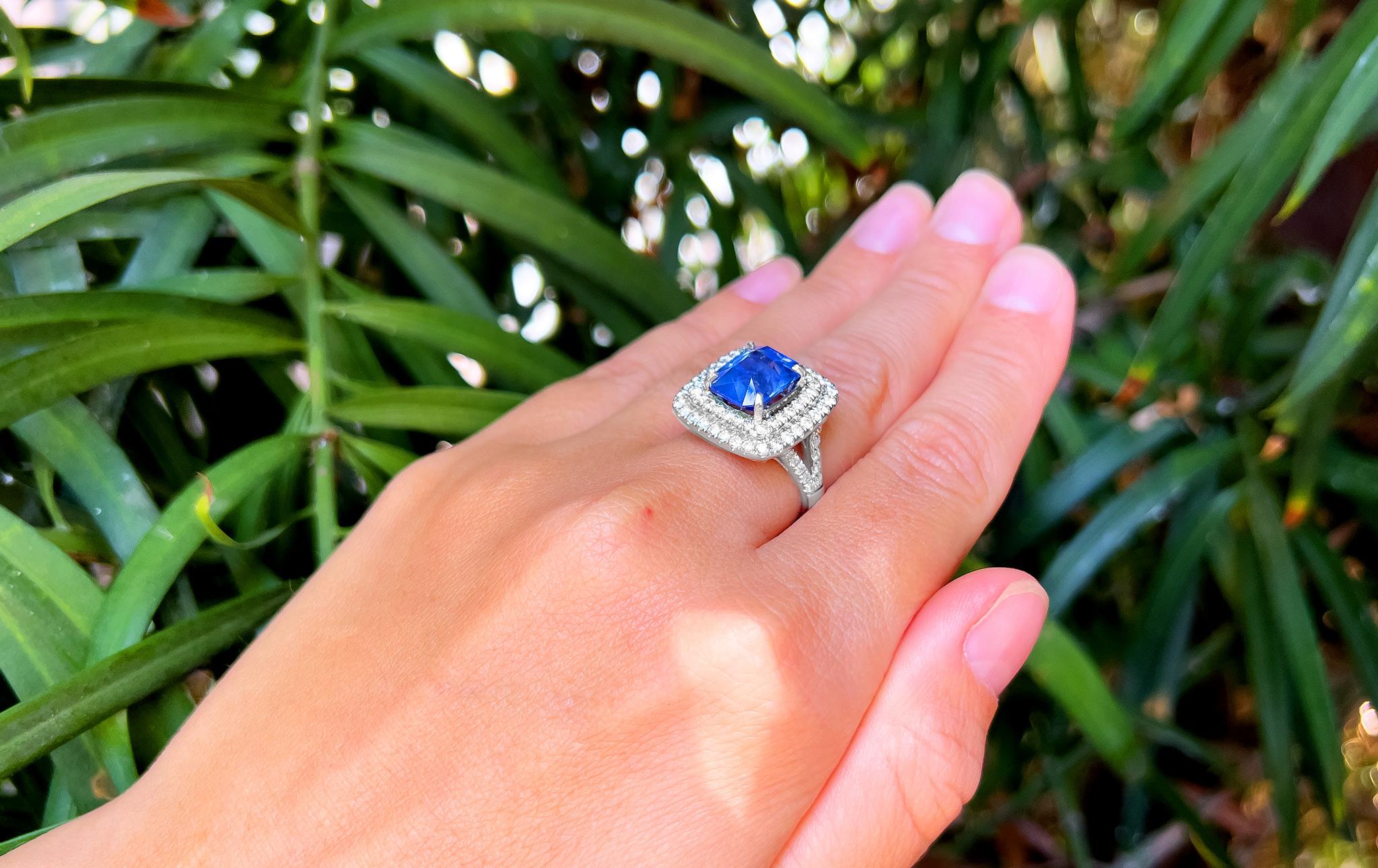 Asscher Cut Ceylon Sapphire 5.50 Carat Ring with Two Diamond Halos 1.30 Carats 18k Gold For Sale
