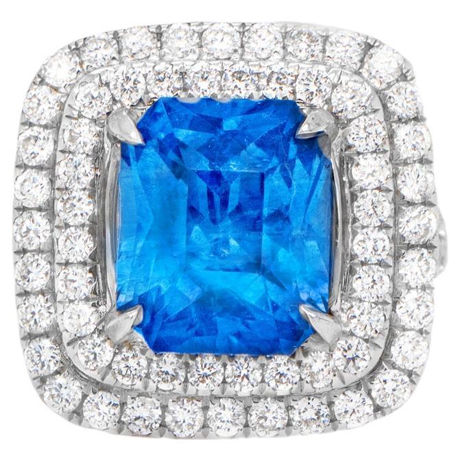 Ceylon Sapphire 5.50 Carat Ring with Two Diamond Halos 1.30 Carats 18k Gold For Sale