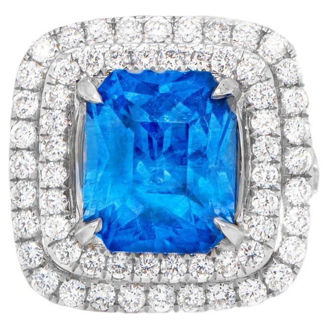 Ceylon-Saphir-Ring mit 5,50 Karat Diamant-Halo mit zwei Diamanten, 1,30 Karat 18k Gold im Angebot