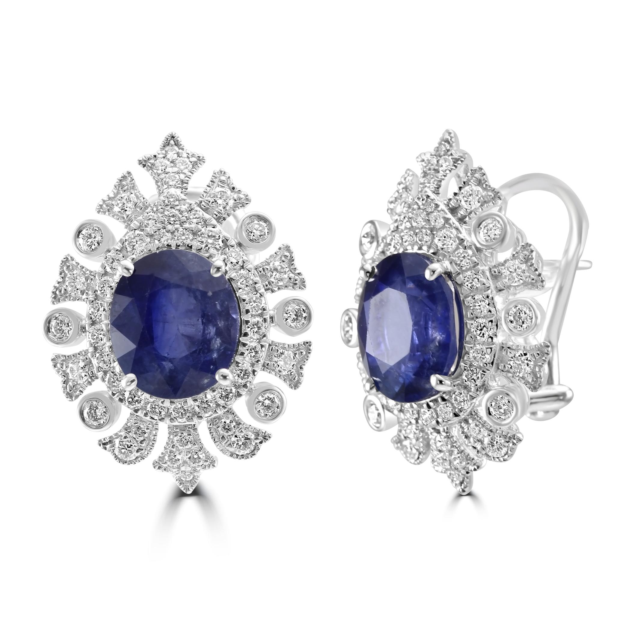Indulge in luxury with our stunning Ceylon Sapphire earring.

The center stone on these earrings are the magnificent Ceylon Sapphire, known for its deep, velvety blue color. Combine that with the substantial size of 6.53 carats, these sapphires are
