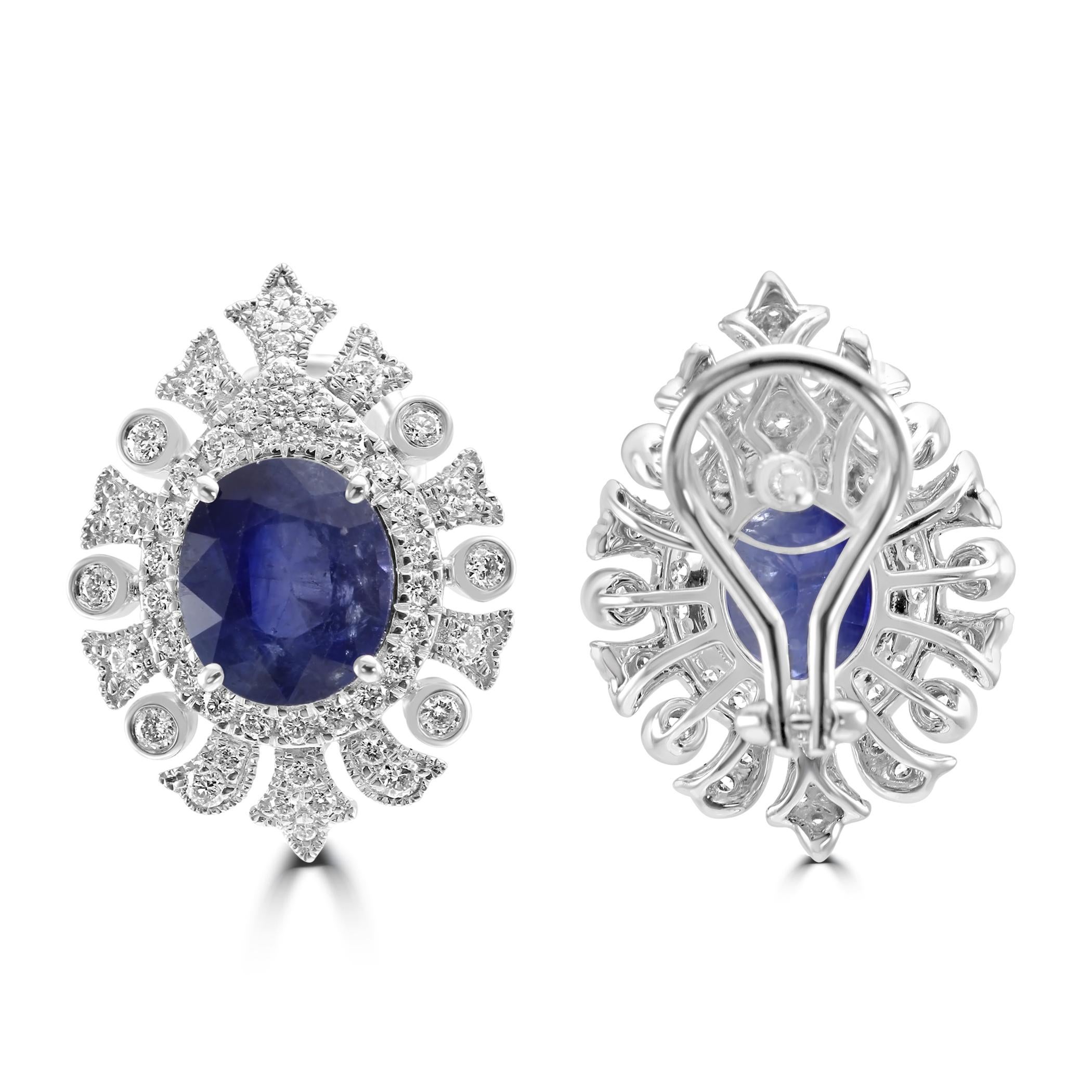 Oval Cut Ceylon Sapphire 6.53 CT White Diamond Round 18K White Gold Art Deco Halo Earring For Sale