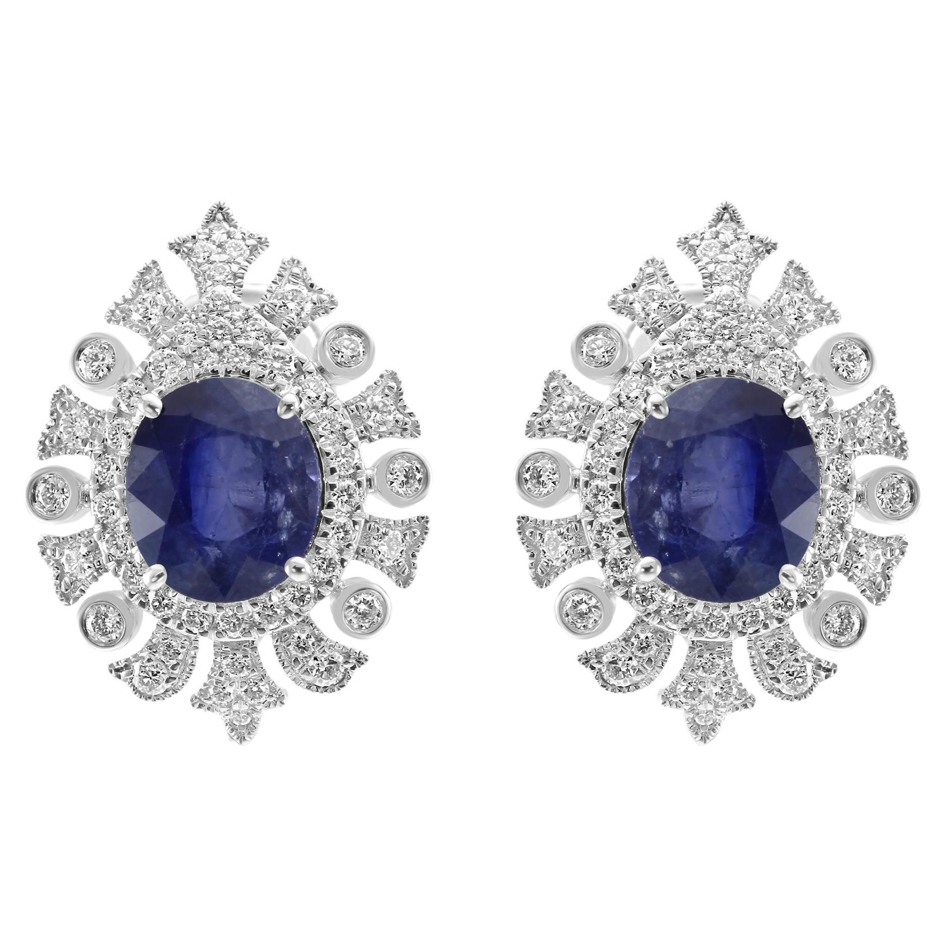 Ceylon Sapphire 6.53 CT White Diamond Round 18K White Gold Art Deco Halo Earring For Sale