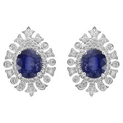 Ceylon Sapphire 6.53 CT White Diamond Round 18K White Gold Art Deco Halo Earring