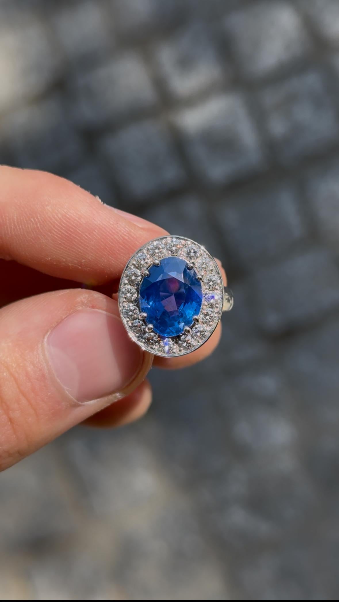 Anello con zaffiro di Ceylon da 6,79 carati e diamanti a raggiera in oro bianco 18 carati Royal Blue in vendita 3